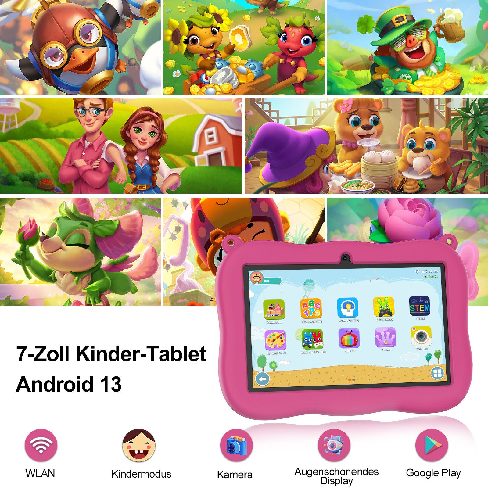 VASOUN 7 Zoll Android kinder tablet mit Elternkontrolle Tablet (10.1 Zoll Tablet", (Robuste Schutzhülle,Vorinstallierte Lernapps, GMS-Zertifizierung)