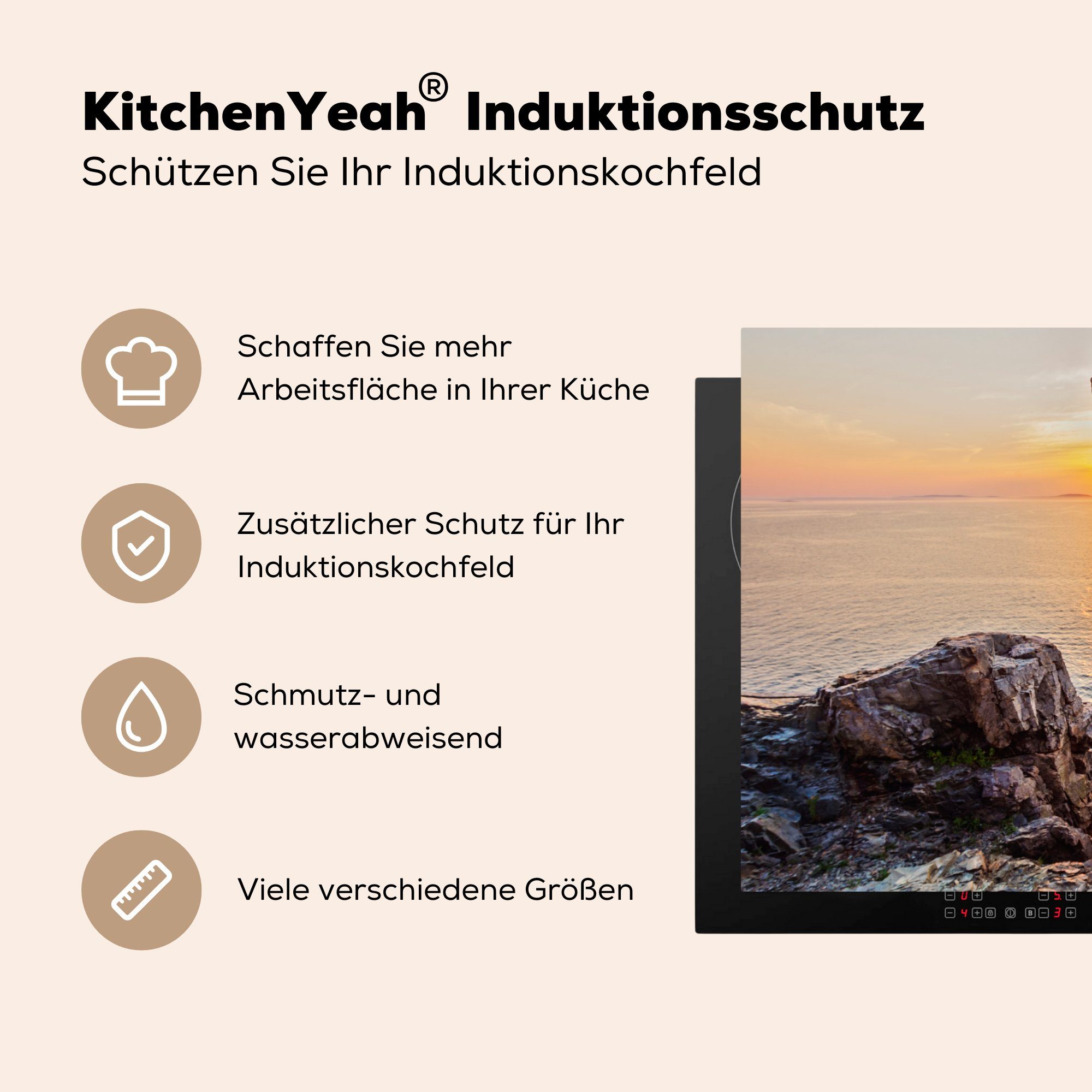 Felsen, Vinyl, zwischen 70x52 nutzbar, MuchoWow Herdblende-/Abdeckplatte cm, (1 Arbeitsfläche tlg), den Sonnenaufgang Mobile Ceranfeldabdeckung