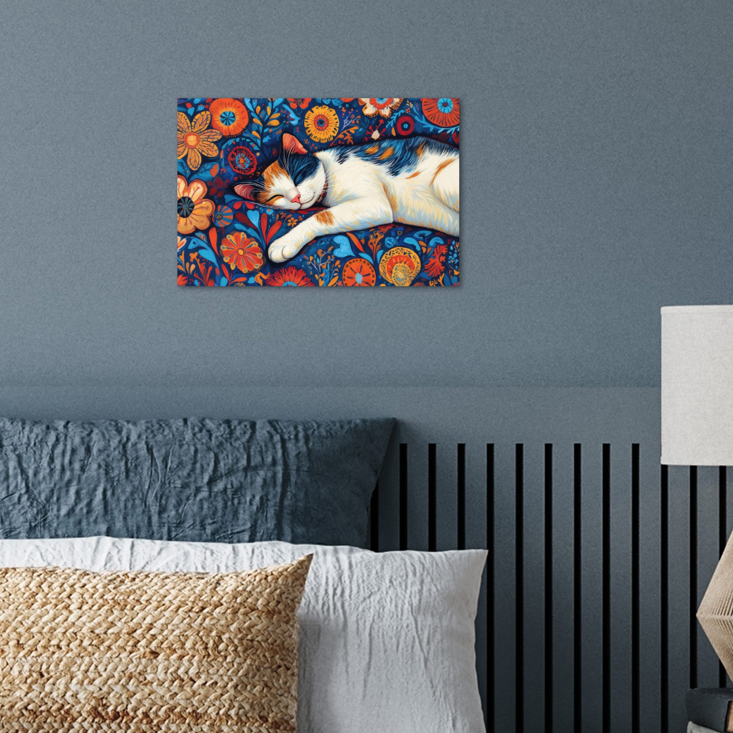 MuchoWow Poster Katze - Blumenmuster - Blau - Orange, (1 St), Poster ohne Rahmen, Wandbild, Wandposter, 30x20 cm