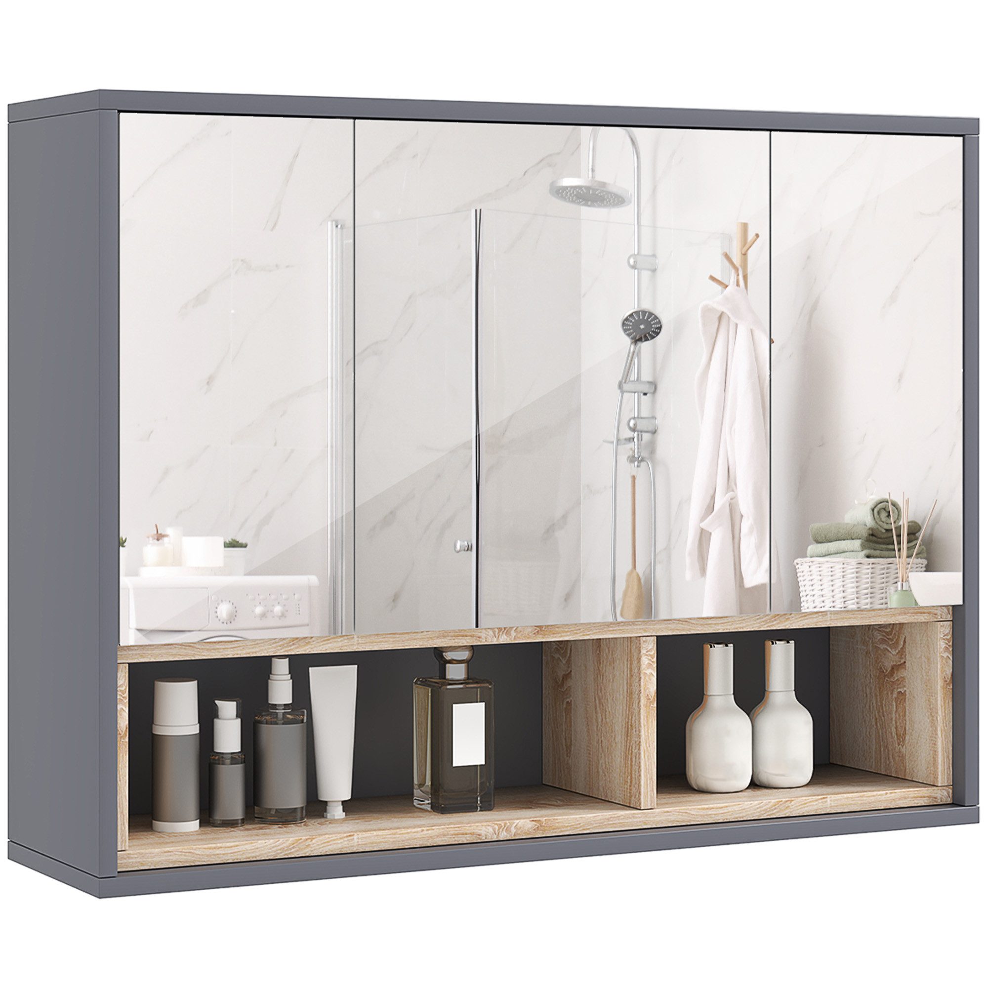 BAYMATE Spiegelschrank Badezimmerschrank mit Spiegel, wandhängender WC-Schrank (mit 3 Türen und 8 Fächern, grau)