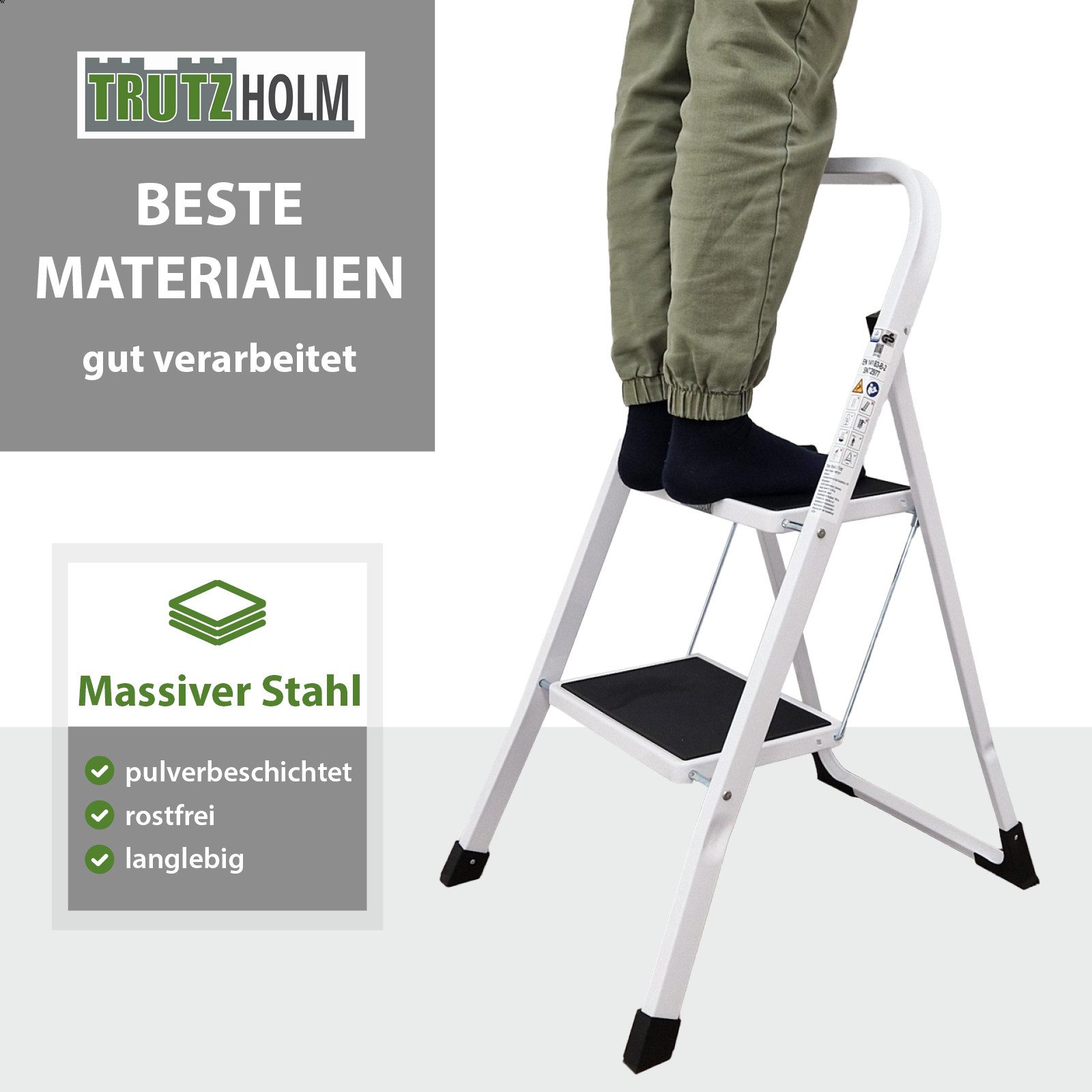 TRUTZHOLM Klapptritt Trittleiter 2 Stufen klappbar TÜV/GS 150 kg Anti-Rutsch Leiter in weiß – Bild 2 von 5