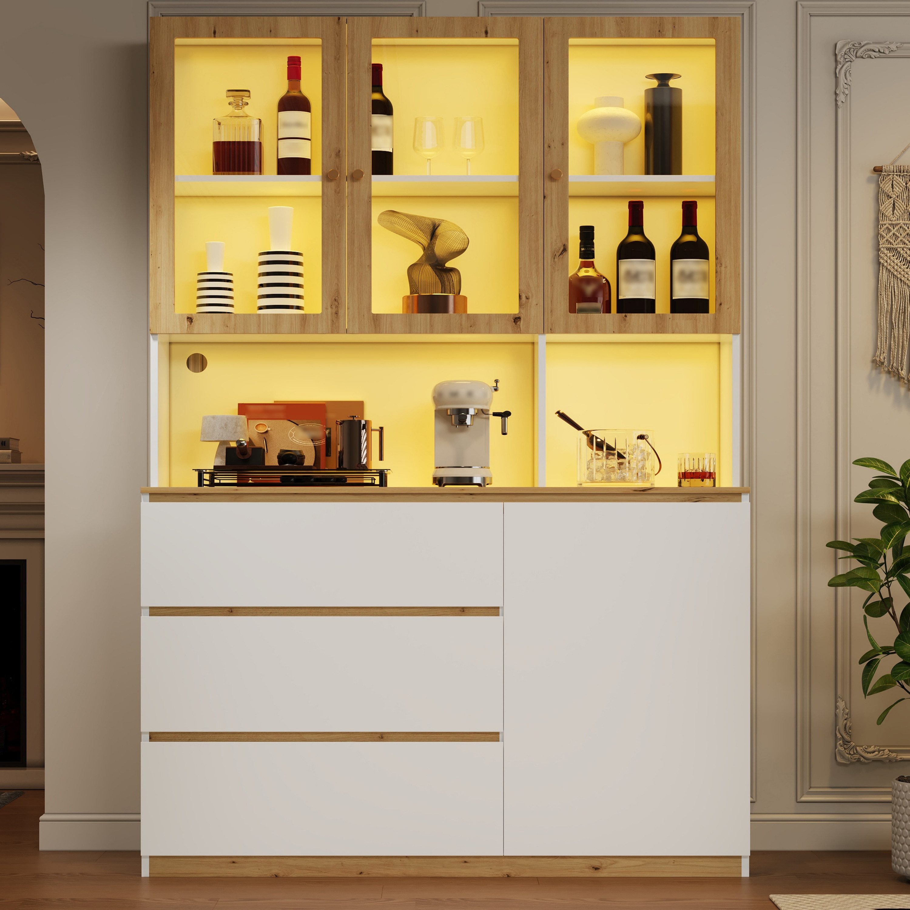 Celya Vitrine Vitrine, Hochschrank mit LED-Beleuchtung, 120 × 200 cm (weiß und Eiche – Glasvitrine, Küchenhochschrank und Bücherregal) mit verlängerter Arbeitsplatte, multifunktionales Standmöbel