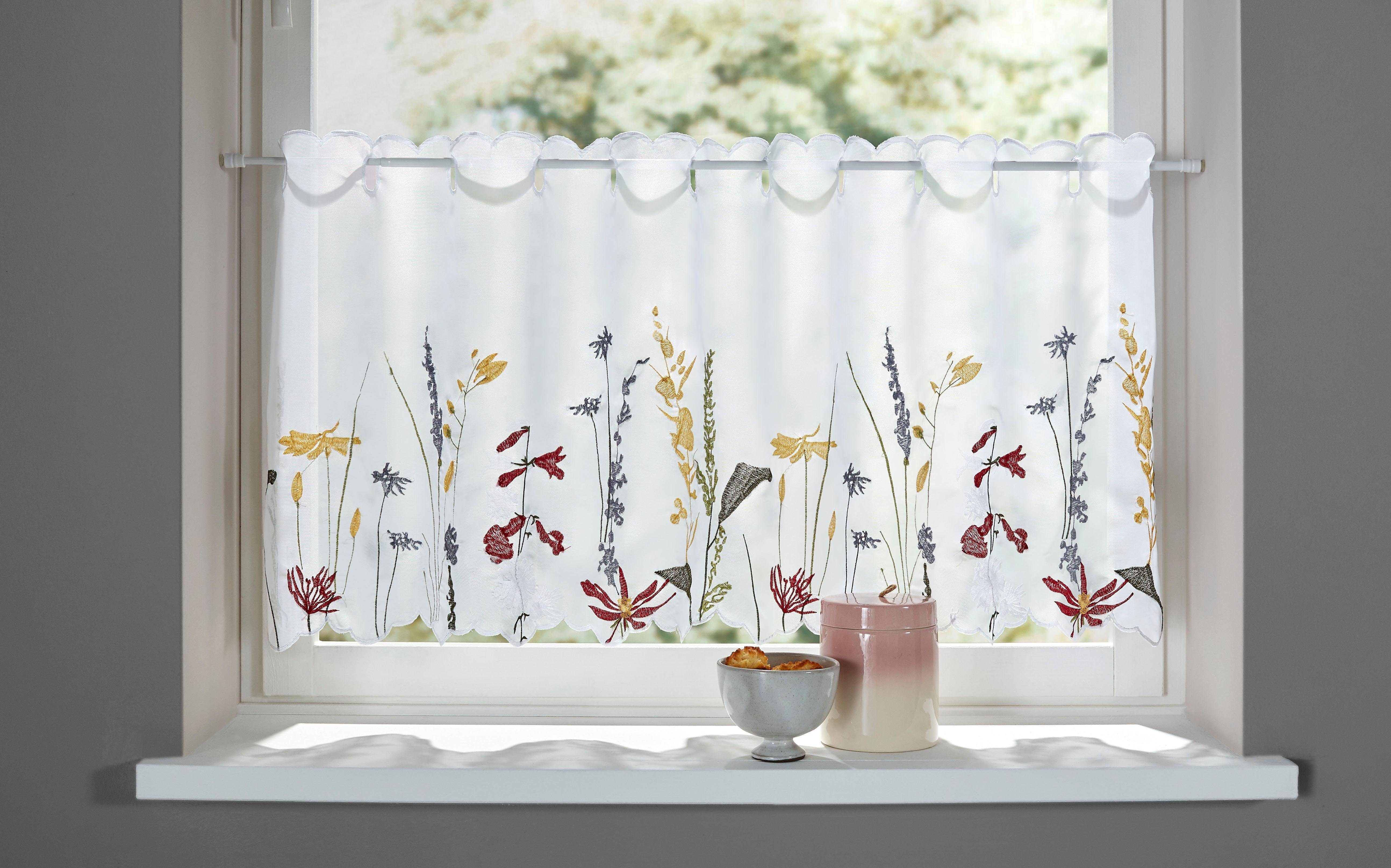 Scheibengardine Bille, Home affaire, Durchzuglöcher (1 St), transparent, Voile, transparent, mit Stickerei, waschbar, Blumen