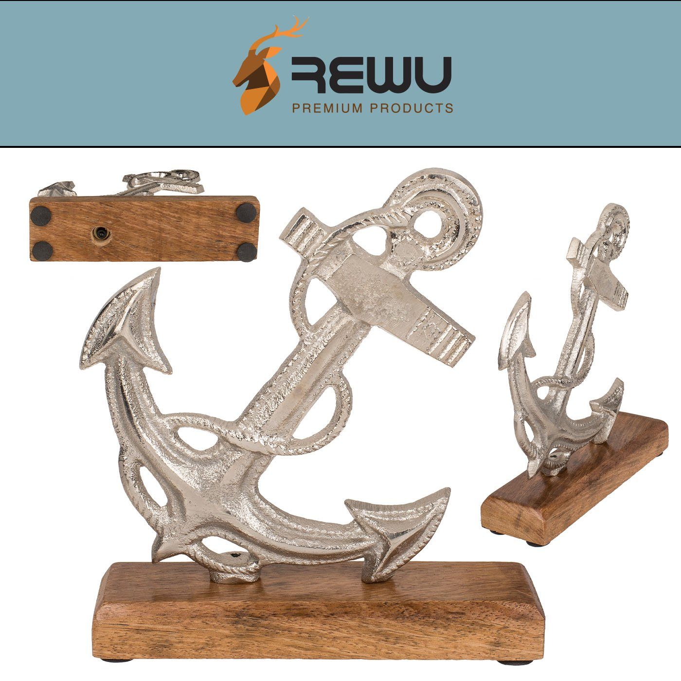 Metall auf Metall Silberfarbener ReWu Holz Dekoobjekt Anker Schriftzug Mit Seil Fuß
