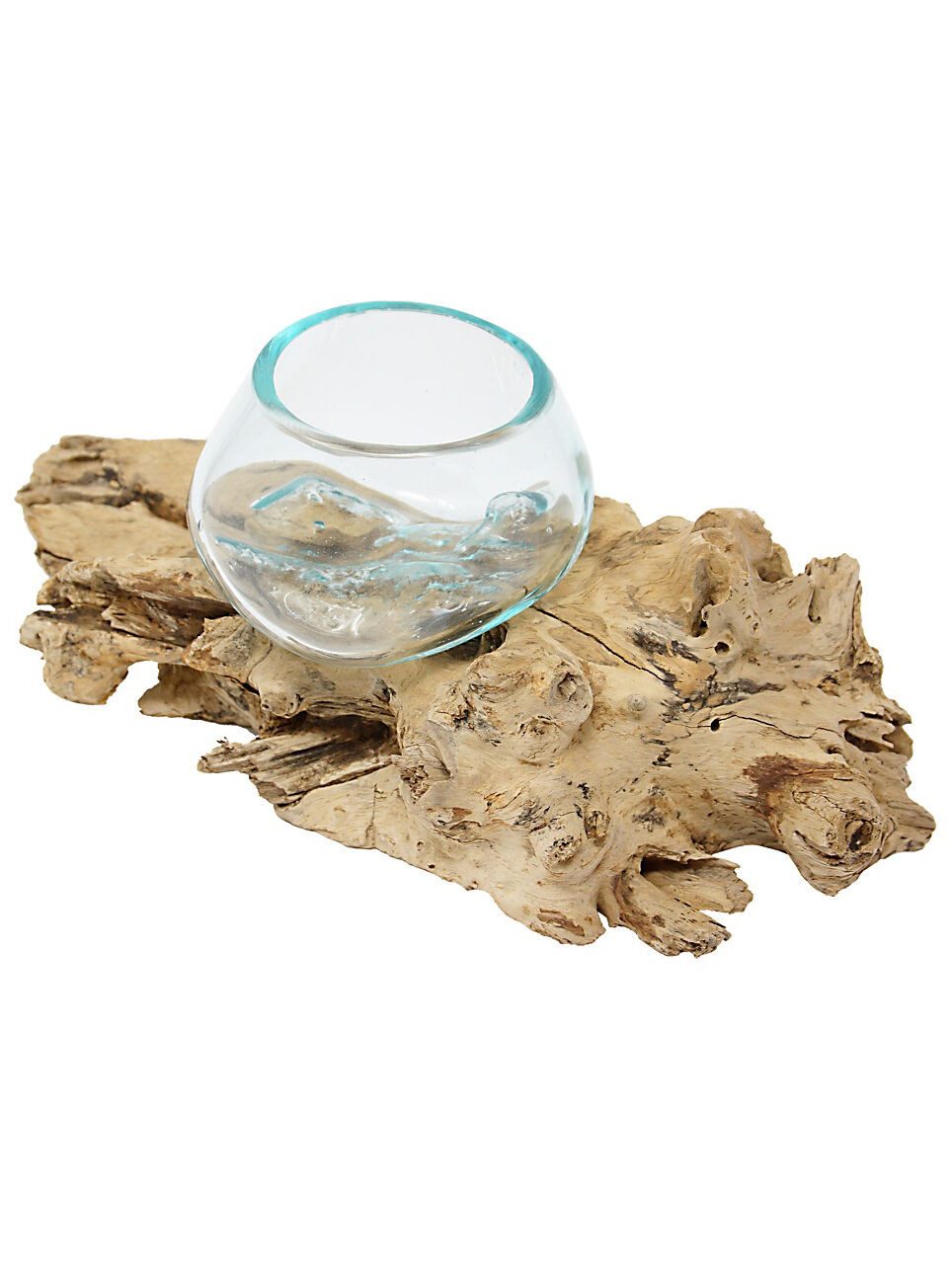 Dekorieren macht glücklich Dekoobjekt Deko Schale Teakholz mit Glaskugel Ø 10 cm, handgefertigtes Wohnaccessoire aus Holz & recyceltem Glas