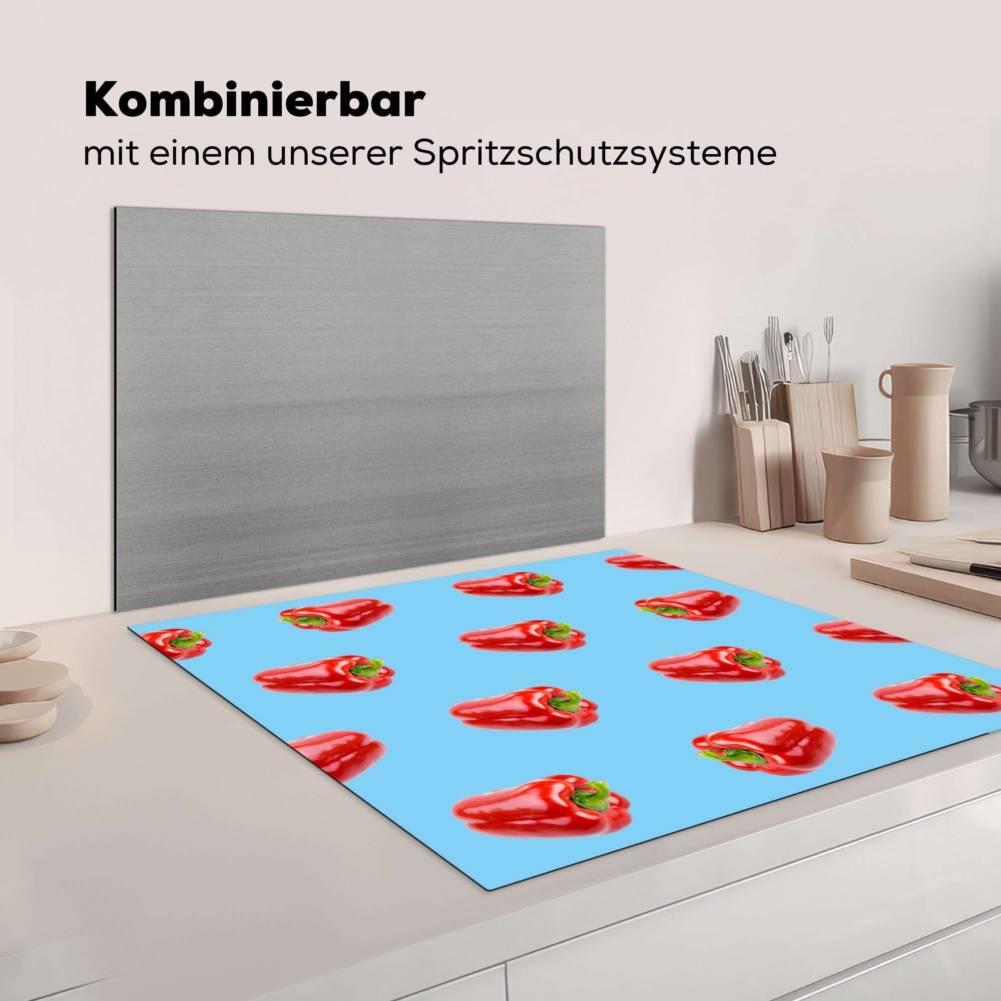 Ceranfeldabdeckung, Blau, für cm, - tlg), MuchoWow küche Muster Paprika Arbeitsplatte - 78x78 Herdblende-/Abdeckplatte Vinyl, (1