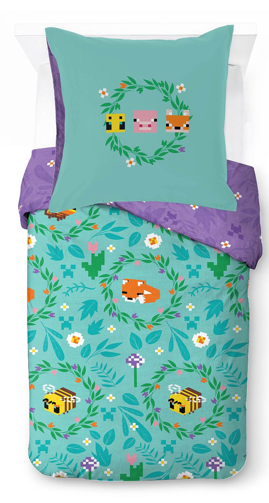 Minecraft Kinderbettwäsche Minecraft Bettbezug-Set 135x200 cm + Kissenbezug 80x80 cm, Washed Cotton, 2 teilig, 100 % Baumwolle, maschinenwaschbar, wendbar