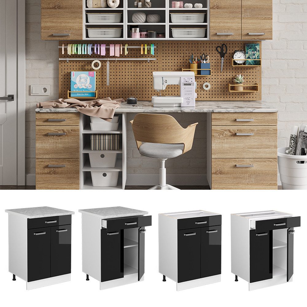 Vicco Schranksystem R-Line, Schwarz Hochglanz/Weiß, 60cm günstig online kaufen