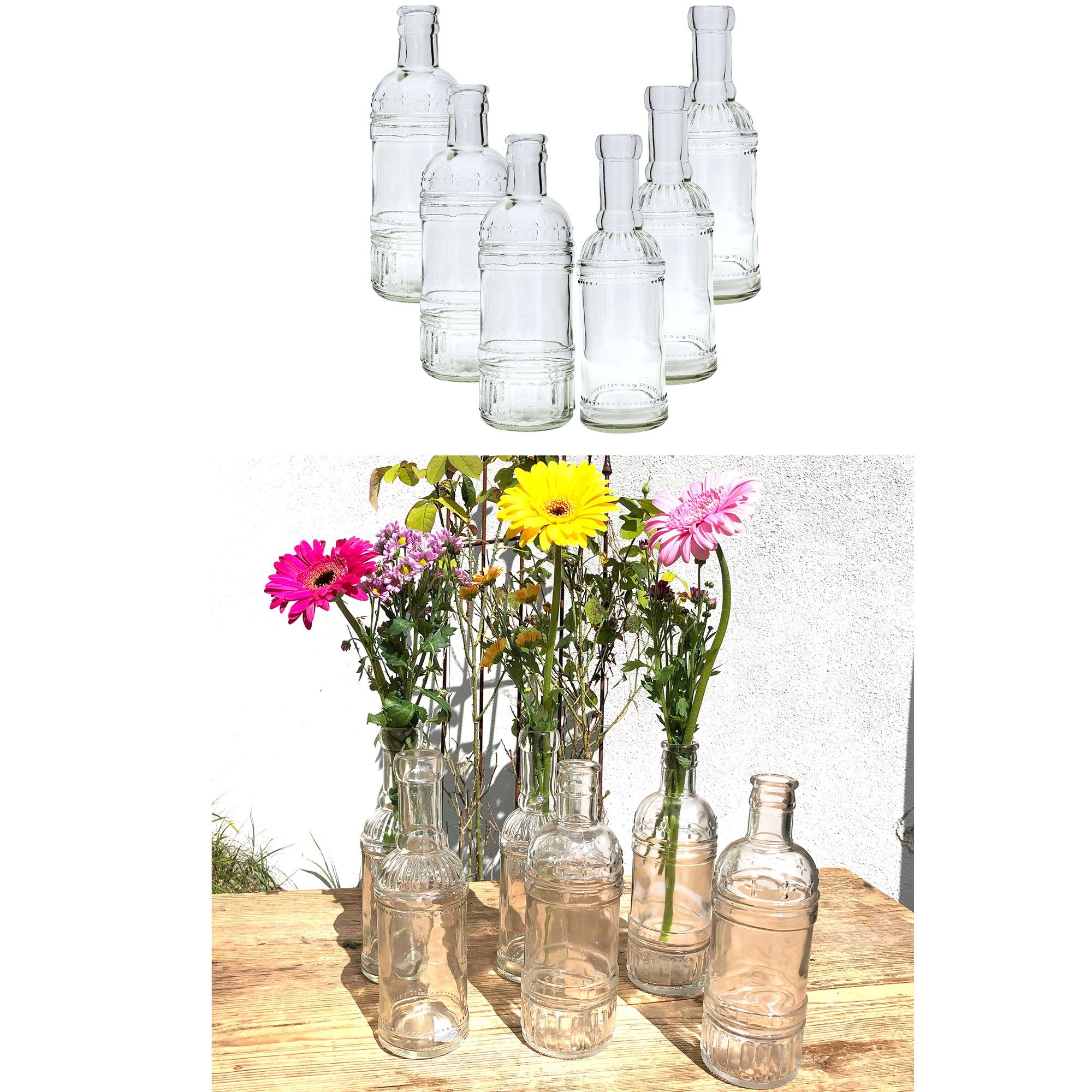 Annastore Dekovase Dekoflaschen H 20,5 cm - Ideal als Vase - Kerzenhalter für Stabkerzen (Tischvase, Glasvase, 6 St), Stilvoll als Vase Vintage, Glas Flaschen, Deko Flaschen, Deko Vasen