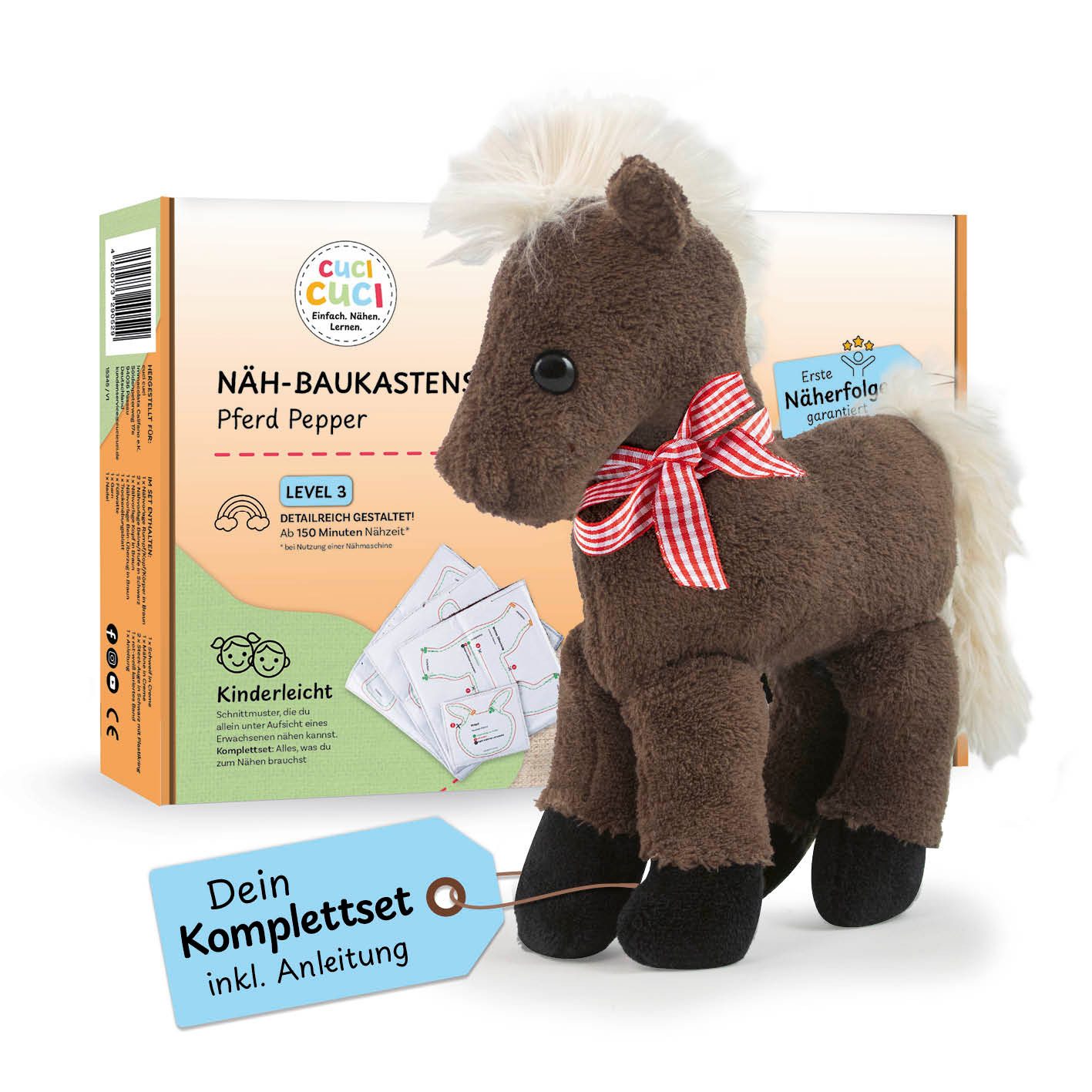 cuci cuci Kreativset Näh-Baukasten für Kinder - erste Näherfolge garantiert, (Pferd Pepper), Komplettset mit allem, was du zum Nähen brauchst