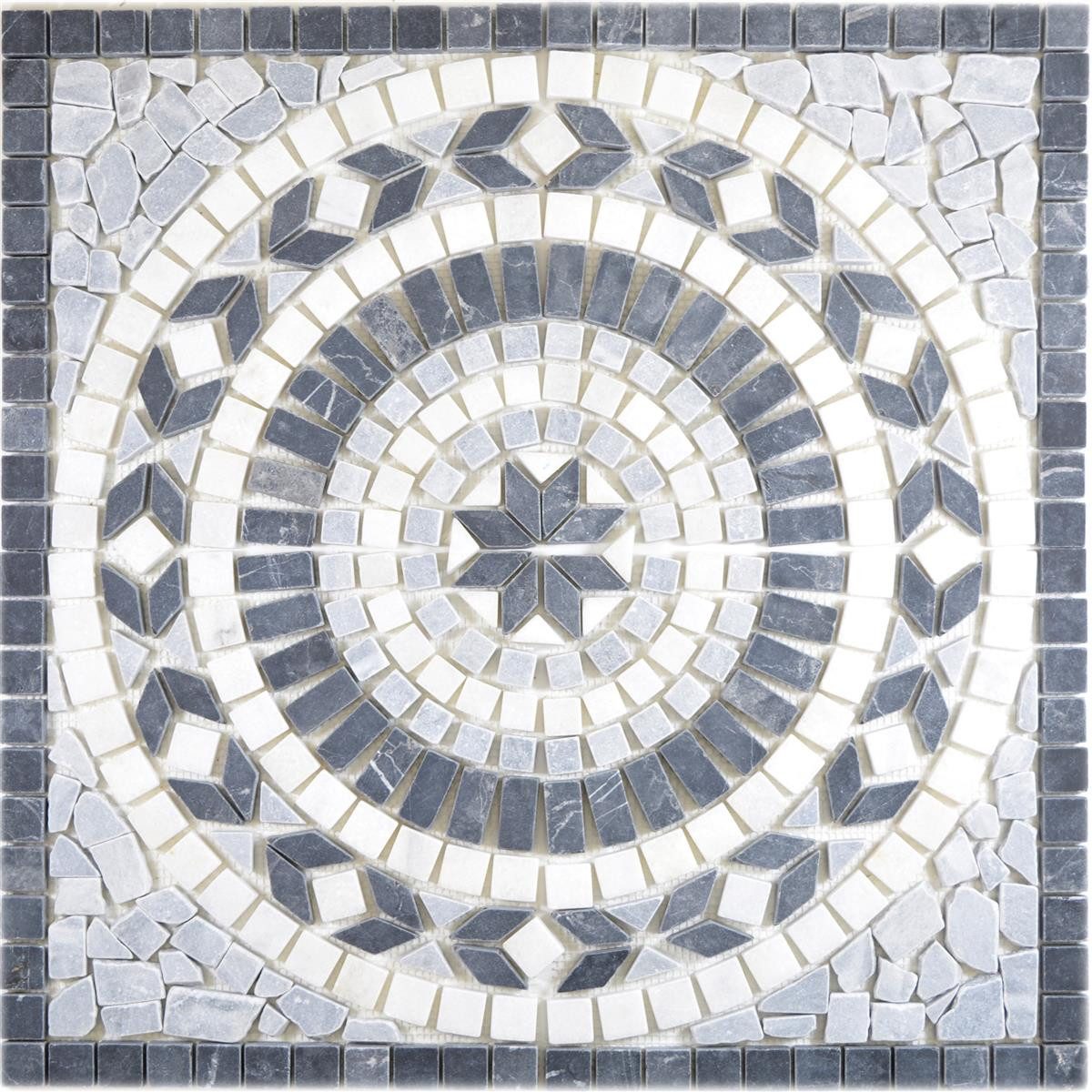 Mosafil Mosaikfliesen Naturstein Rosone Frisco Schwarz Weiß Grau 61x61cm, Naturstein-Travertin 61.000x61.000, weiß-schwarz-grau, Verlegefertig auf ein Netz geklebt - Frostsicher - Wasserfest -