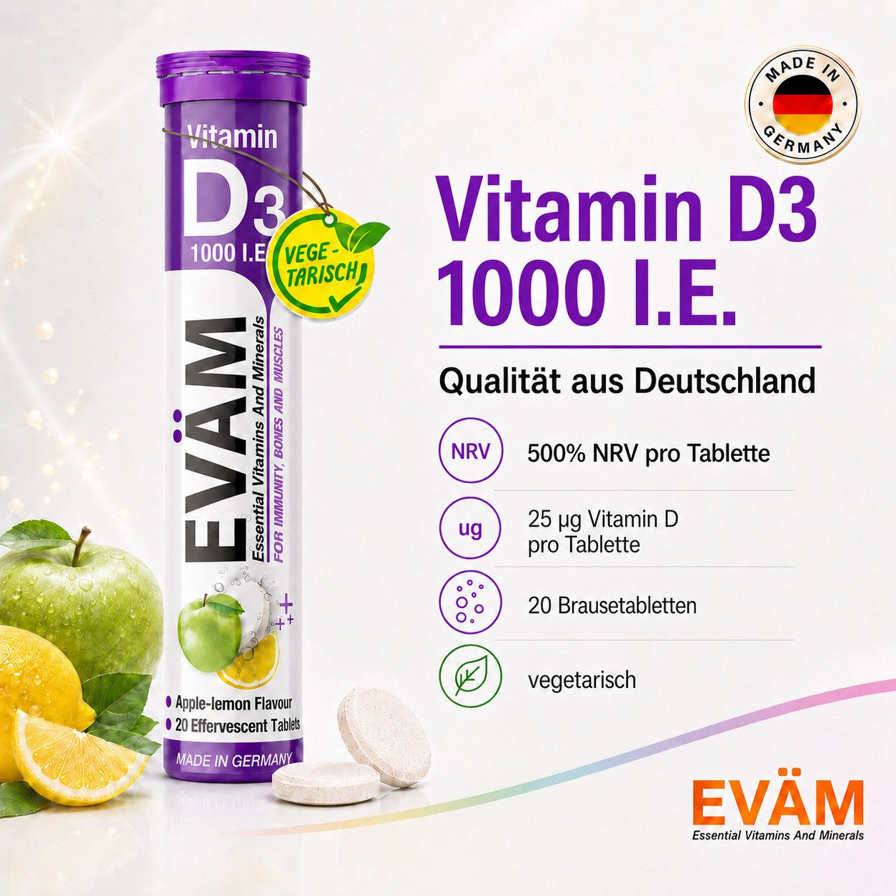 EVÄM Vitamin D3 1000 I.E., Apfel-Zitrone – 25 µg = 500% NRV, vegetarisch Brausetabletten, 2 er Rörchen à 20 St., 164 g, made in Deutschland