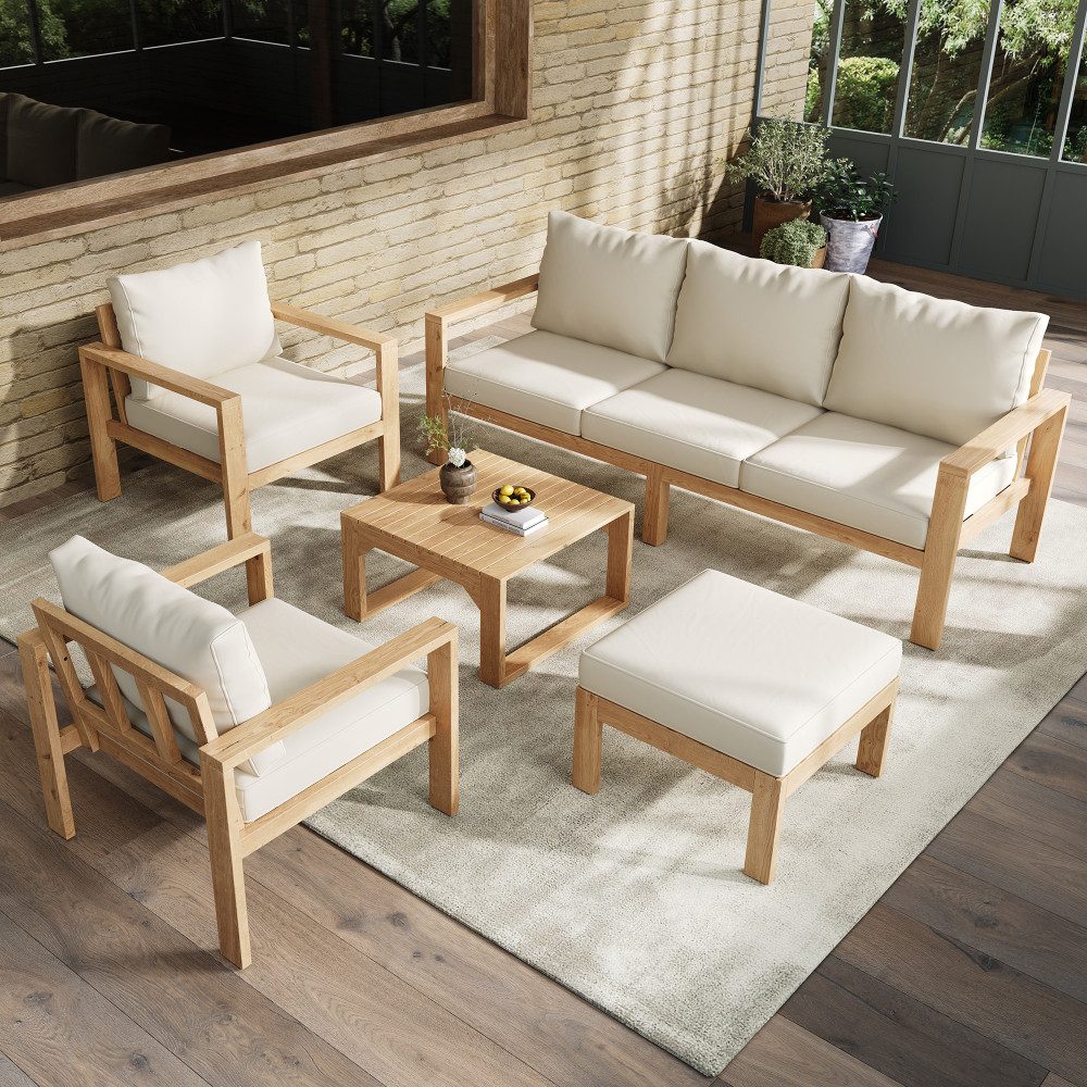 BBG Gartenlounge-Set Gartenmöbel Set 4–6 Personen aus Akazienholz, Gartenlounge, (mit 3-Sitzer Sofa, 2 Sesseln, Fußhocker & Couchtisch), Outdoor Lounge Set Terrasse Balkon Gartenmöbel Natur Creme
