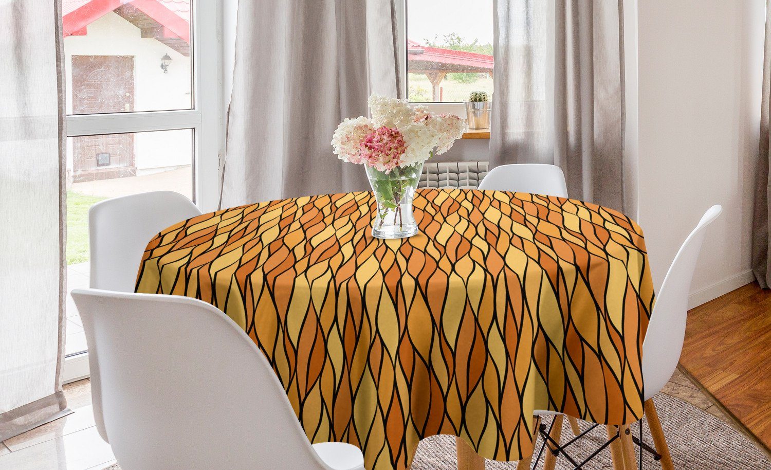 Abakuhaus Tischdecke Kreis Tischdecke Abdeckung für Esszimmer Küche Dekoration, Gelb Braun Abstrakte Mosaik Waves