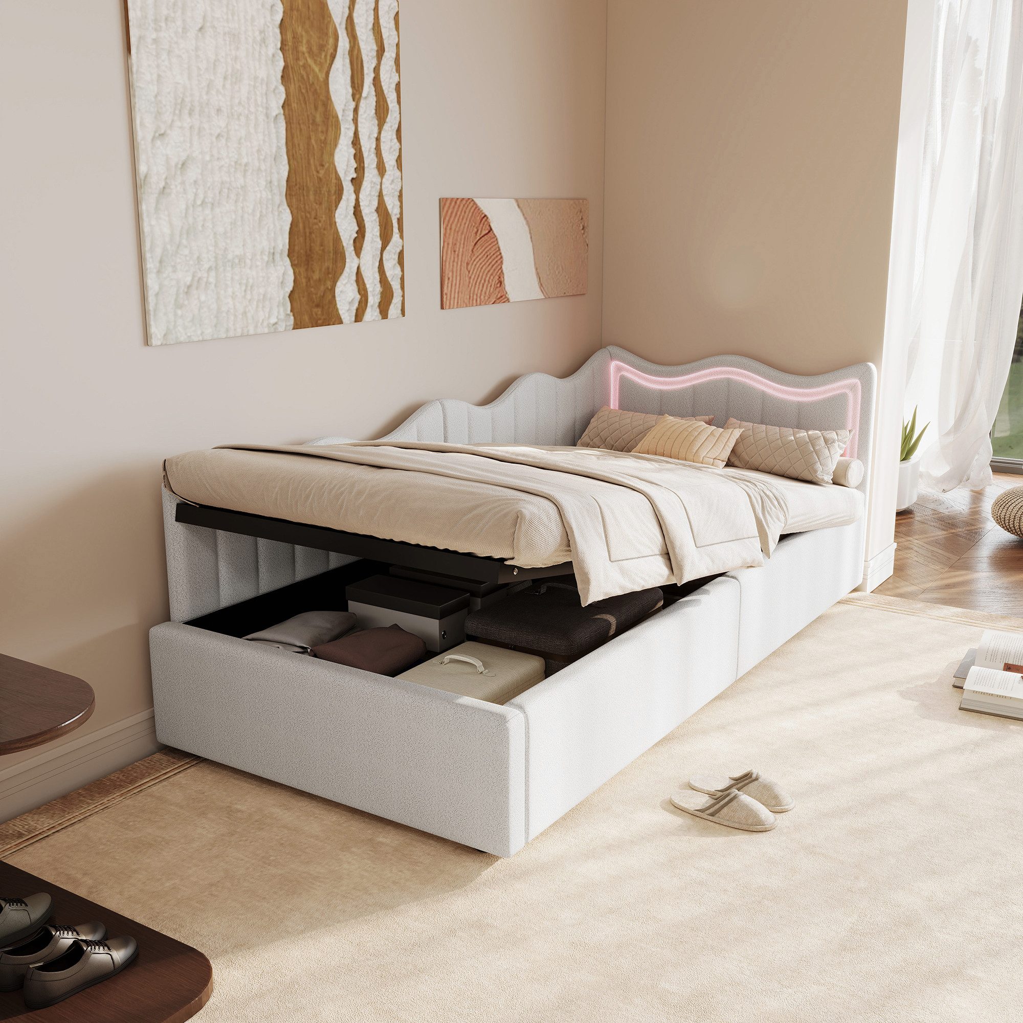 Simurq Daybett Schlafsofa 90x200 mit Bettkasten, kleines Schlafsofa, Mit LED und Lattenrost, wollähnlicher, Viskose-Bezug, Weiß