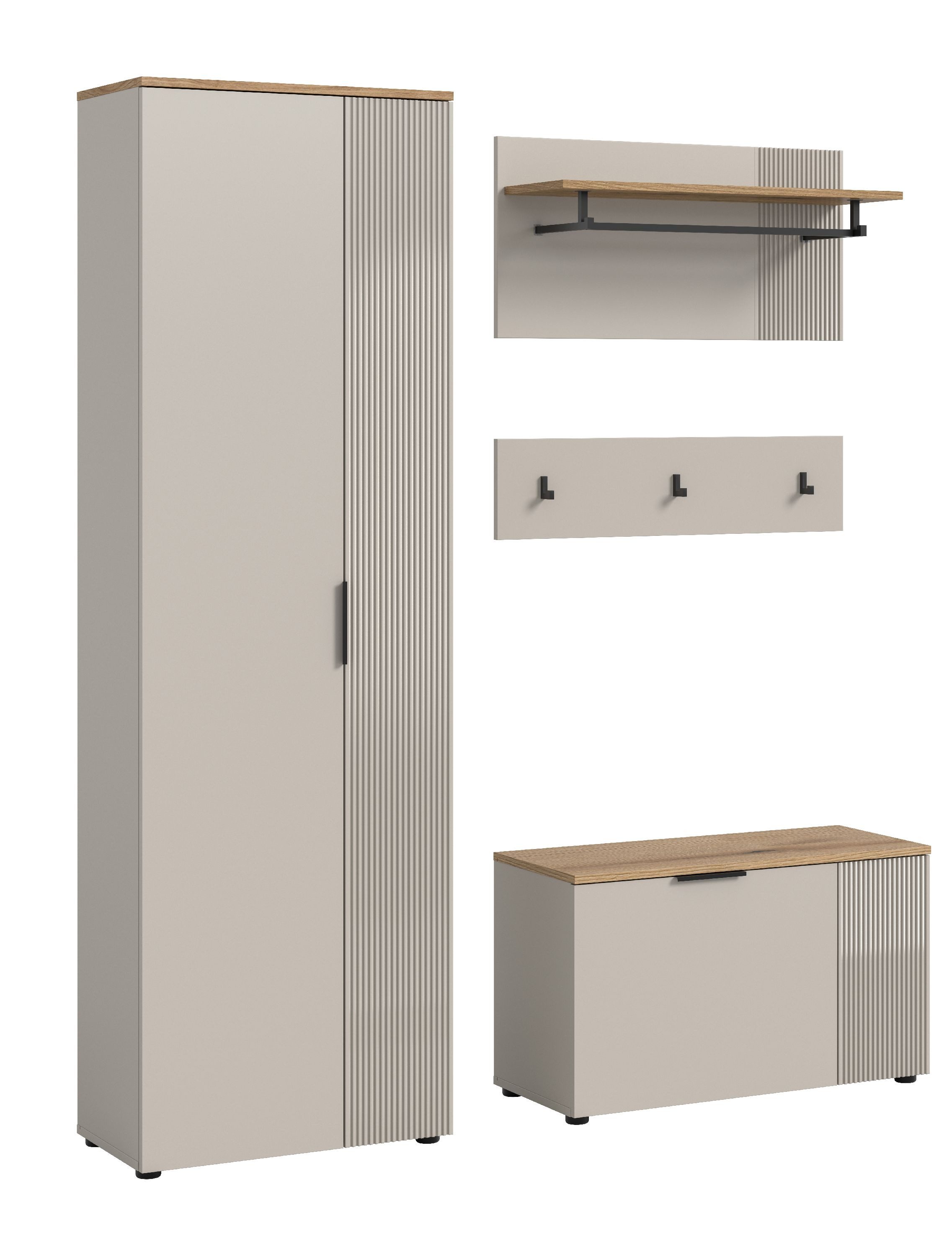 xonox.home Garderoben-Set Slide, (3tlg. Set inkl. Garderobenschrank, Sitzbank, Paneel), Melamin beschichtet modern 155x190x36 cm