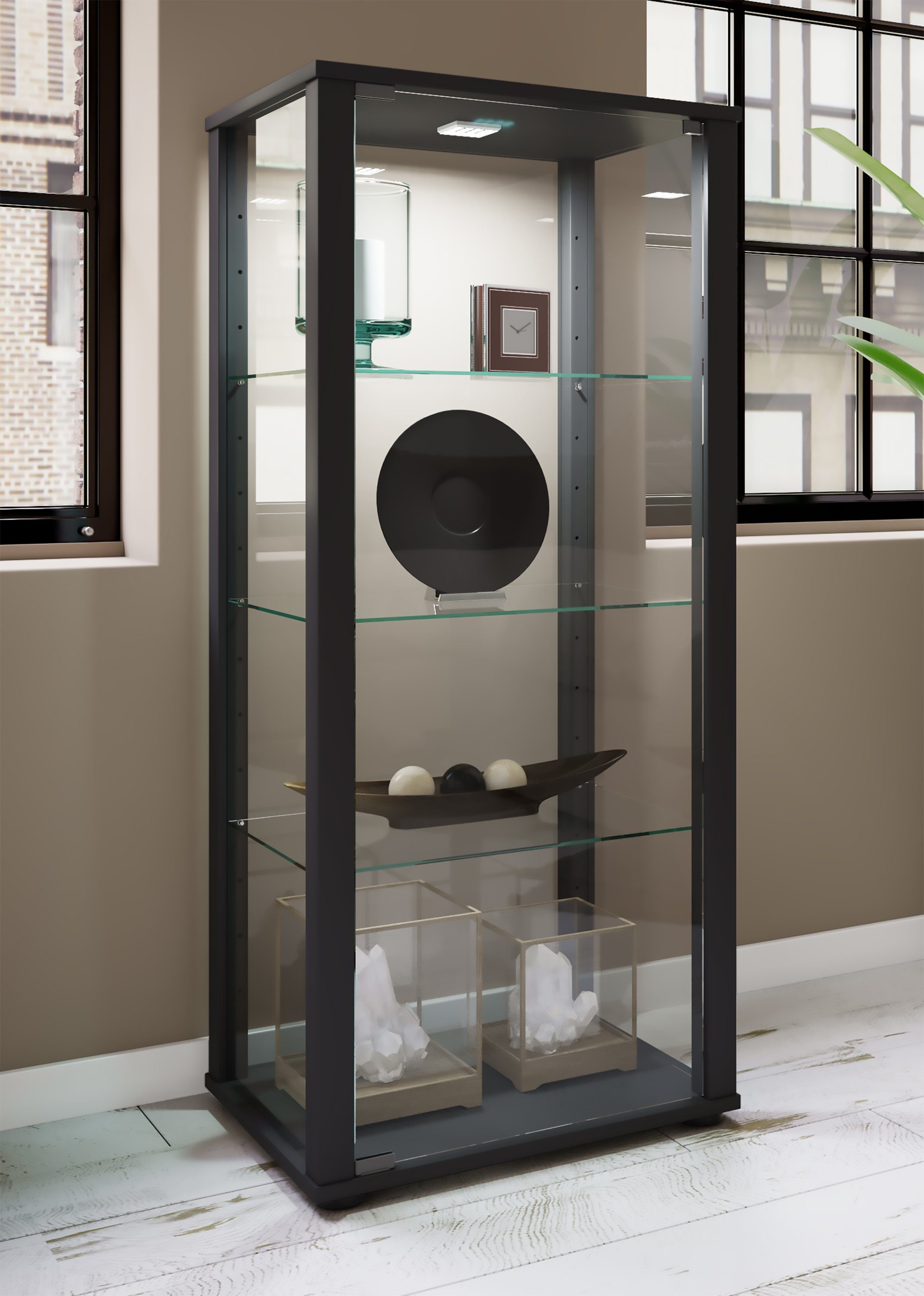 VCM Standvitrine Glasvitrine Kavisa mit Glastüren und Glasböden, H. Glasvitrine stehend, Modern und platzsparend, Glasschrank