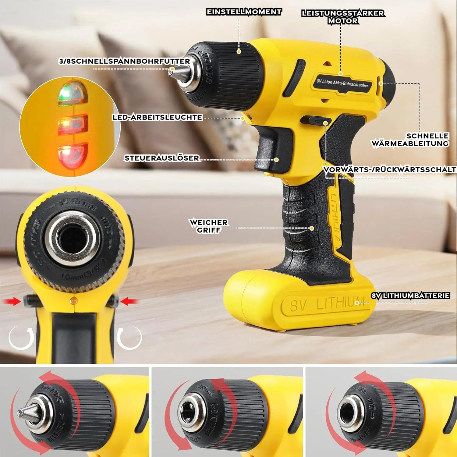 TLGREEN Akku-Bohrschrauber 8V Akkuschrauber Set,Akkubohrer mit 99PCS Werkzeugkoffer, max. 300 U/min, für DIY Reparaturen – Bild 4 von 5