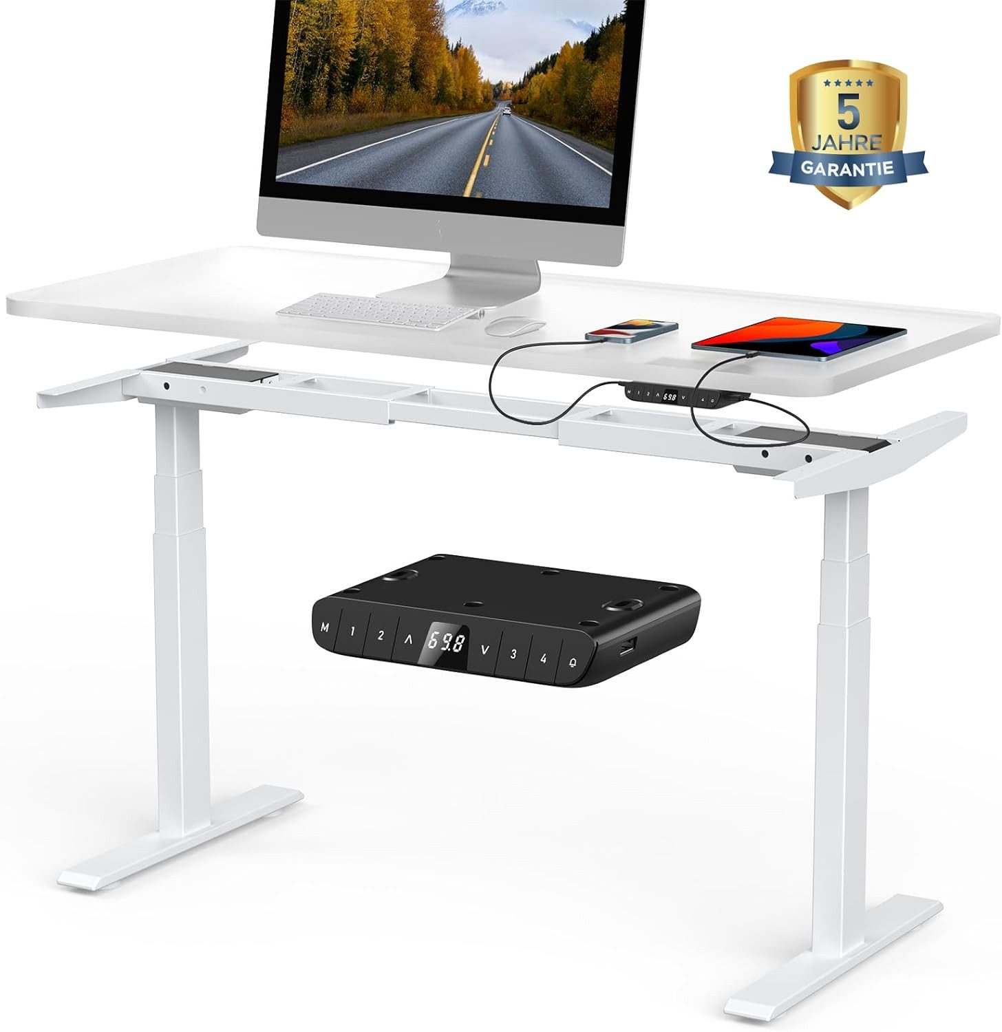 Super Solu Schreibtisch Elektrisch Höhenverstellbares Tischgestell Dual-Motor 3-Fach-Teleskop (1-St., 7W-White/4 Memory Funktionen), Antikollisionssystem