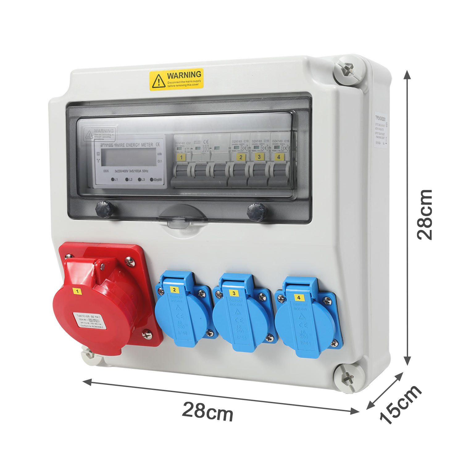 Clanmacy Stromverteiler Wandverteiler 1X32A 3x230V mit Stromzähler 3-Phasen Baustromverteiler