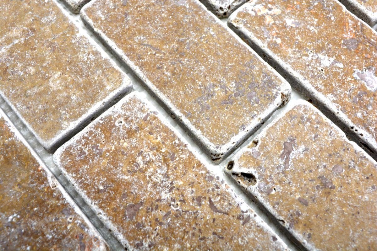Mosaik Mosani Naturstein Fliese Brick Travertin walnuss Bodenfliese braun Backstein