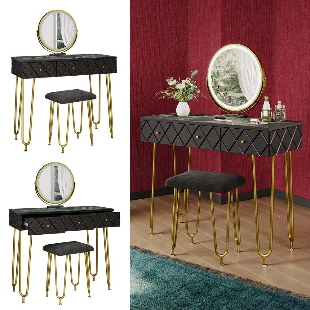 Vicco Schminktisch Mirabell, Marmor/Schwarz, 100 cm mit LED Spiegel und Hoc günstig online kaufen