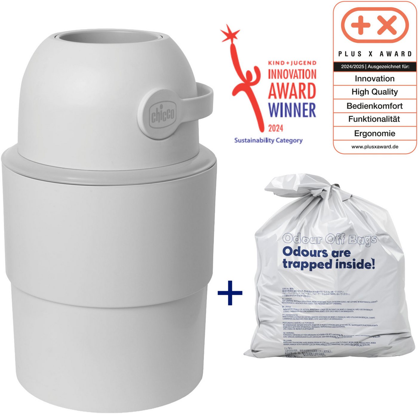 Chicco Windeleimer Odour Off, inkl. 1 Pack Müllbeutel Odouzr off, teilweise aus recyceltem Material