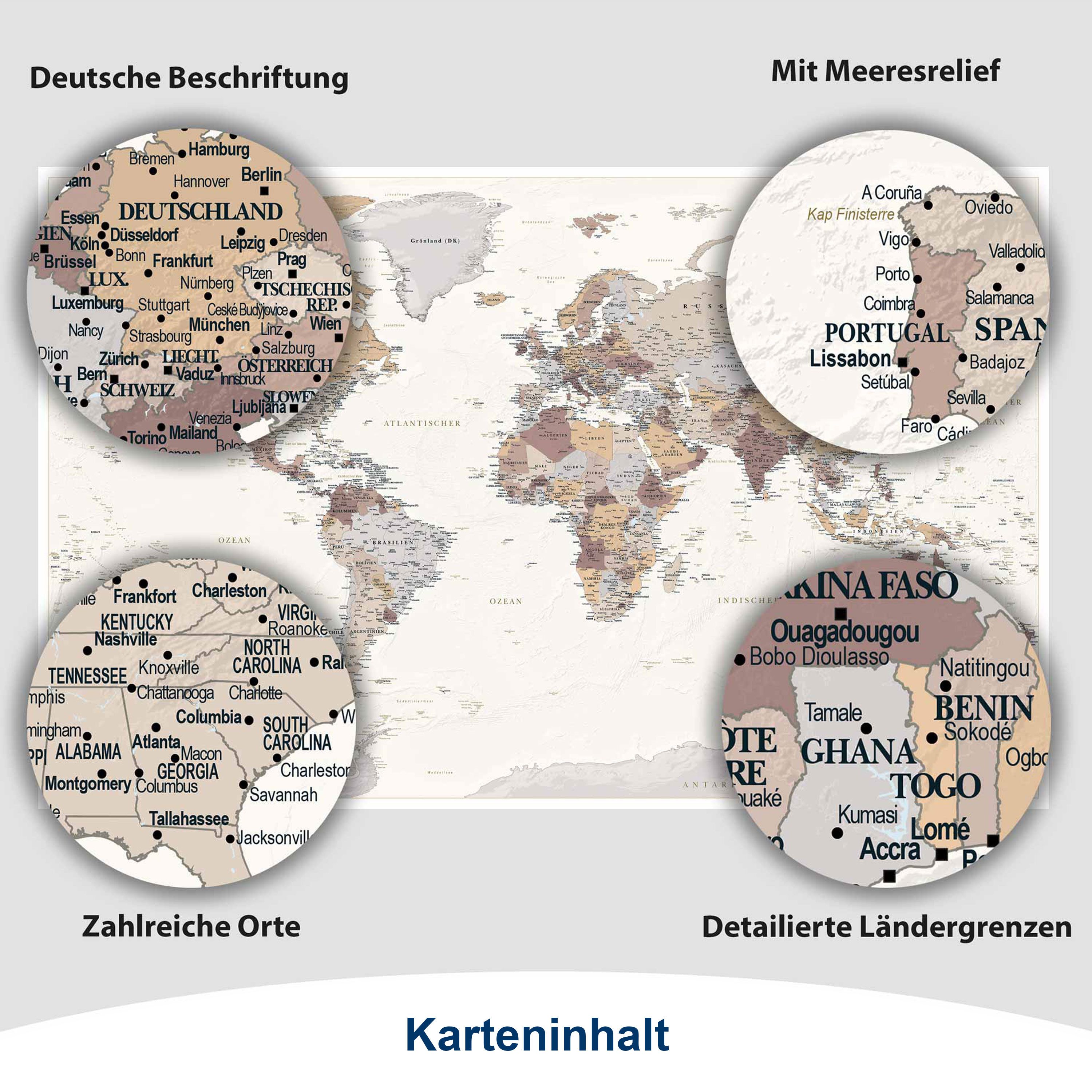 Interkart Landkarten & Globen GmbH Poster Dekorative Weltkarte Beige/Braun – Aktuelle deutsche Weltkarte, Wandbild, Bildung, Geographie, Reiseplanung