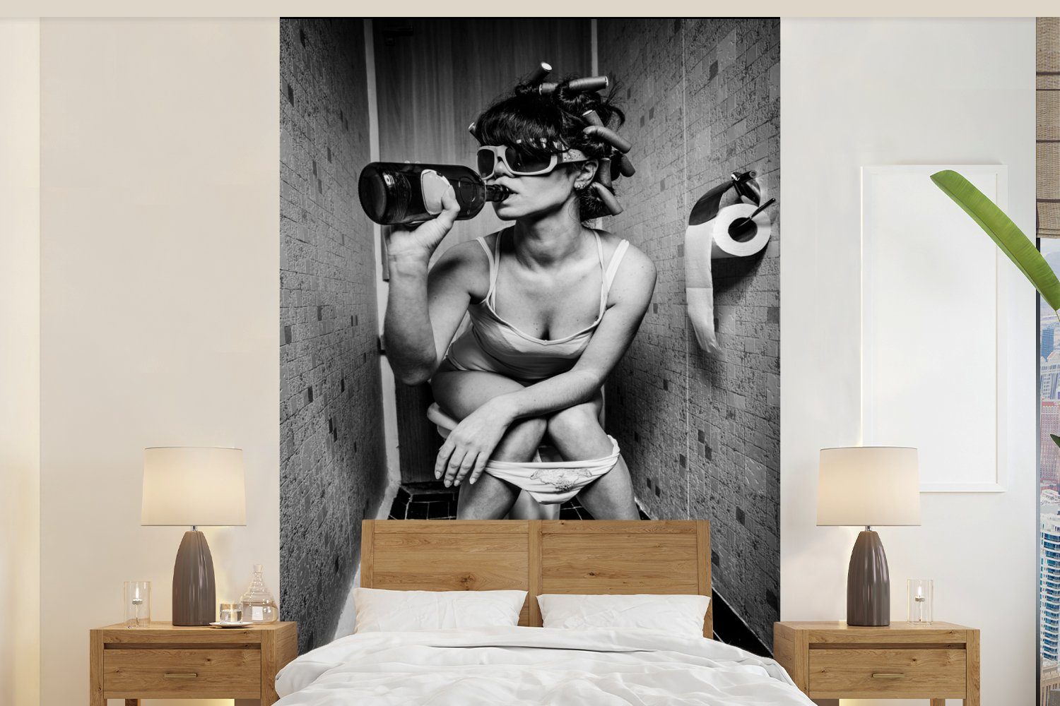 MuchoWow Fototapete Frau - Getränk - Lockenwickler, Matt, bedruckt, (3 St), Vinyl Tapete für Wohnzimmer oder Schlafzimmer, Wandtapete | Fototapeten