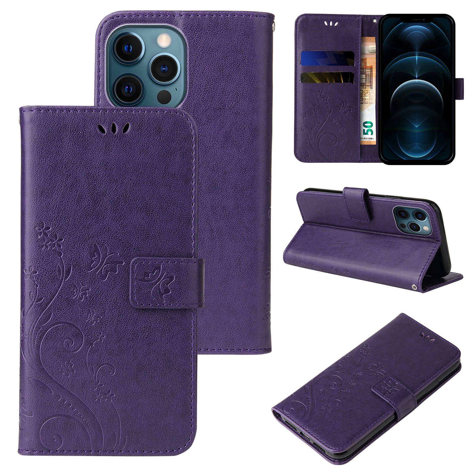 Tec-Expert Handyhülle Cover Tasche Hülle für Apple iPhone 12 Pro Max 6,7 Zoll, Klapphülle Case mit Kartenfach Fliphülle aufstellbar, Motiv Blumen