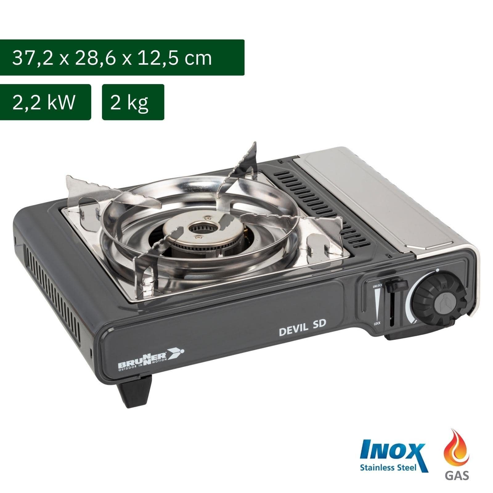 BRUNNER Gaskocher BRUNNER DEVIL SD NG Camping Gaskocher Set Zündsicherung, Vielseitig, (Gaskocher + Grillplatte + Alu-Kasserolle)