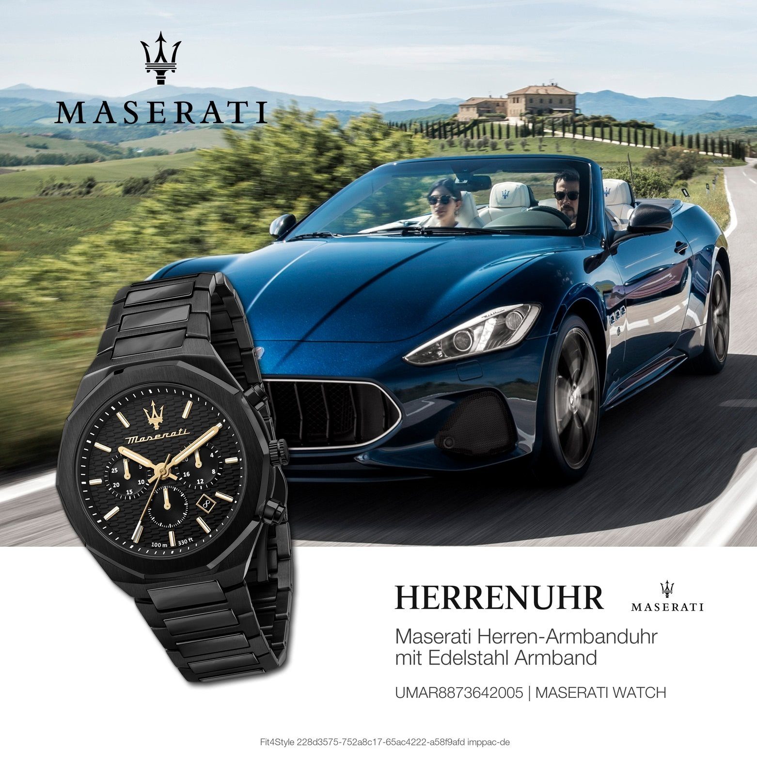 Herrenuhr Edelstahlarmband, Italy Chronograph 45mm) (ca. STILE, schwarz Chronograph Maserati Herren Made-In rund, MASERATI groß