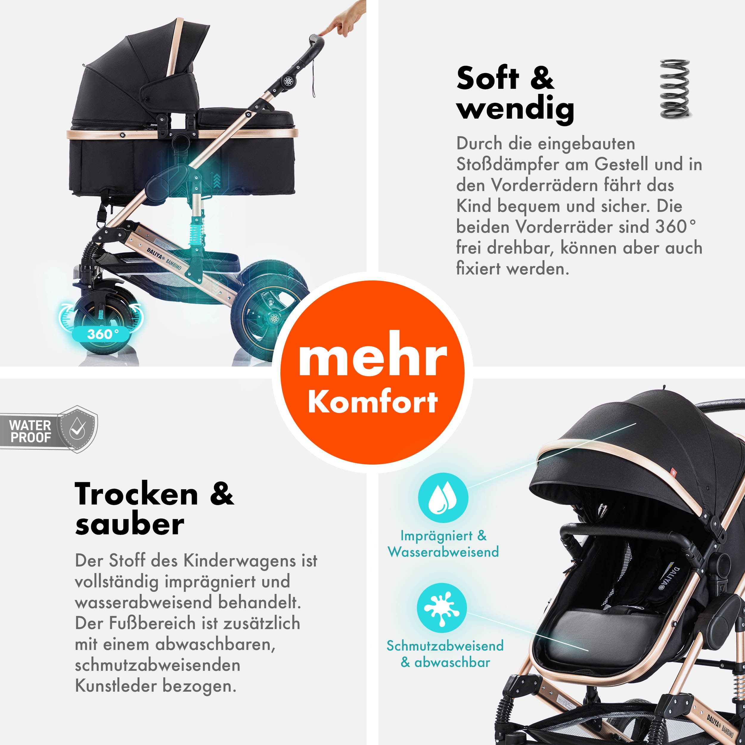Daliya® Kombi-Kinderwagen BAMBIMO 3in1 Kinderwagen & Buggy mit Auto-Babyschale und Adapter, (XXL-Set inkl. Wickeltasche und Spieltisch, 15-tlg), Babyschale, Air – Bild 4 von 5