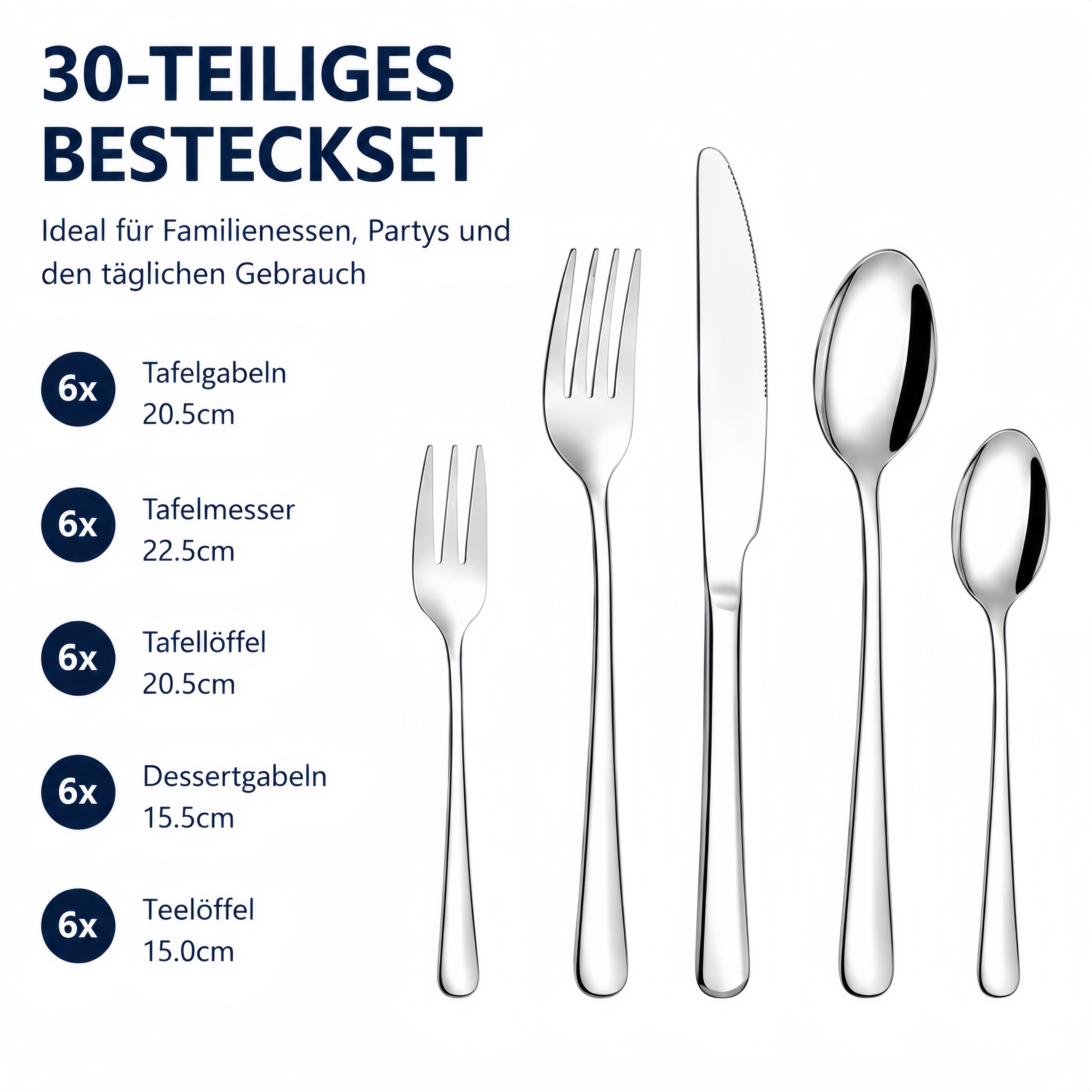 ibettertec Besteck-Set 30-teiliges Edelstahl Besteckset Spülmaschinenfest, 36 Personen, Modern Silber für 6 Personen