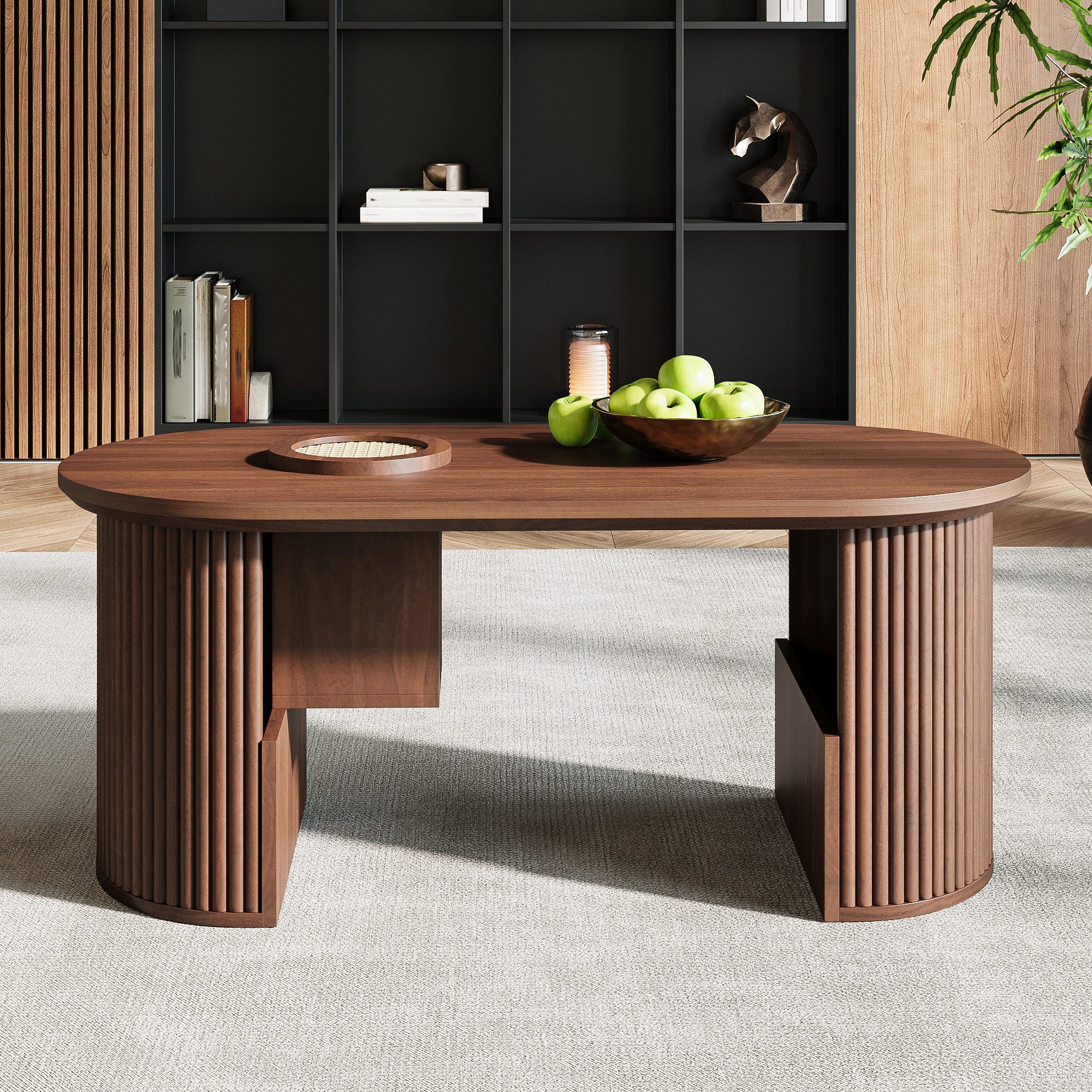 KLAM HOME Couchtisch Anhebbarer Couchtisch Nussbaum mit gebogenen Holzseiten (Mit vertikaler Textur und integrierter Aufbewahrung), Modernes Wohnzimmertisch aus – Bild 4 von 5