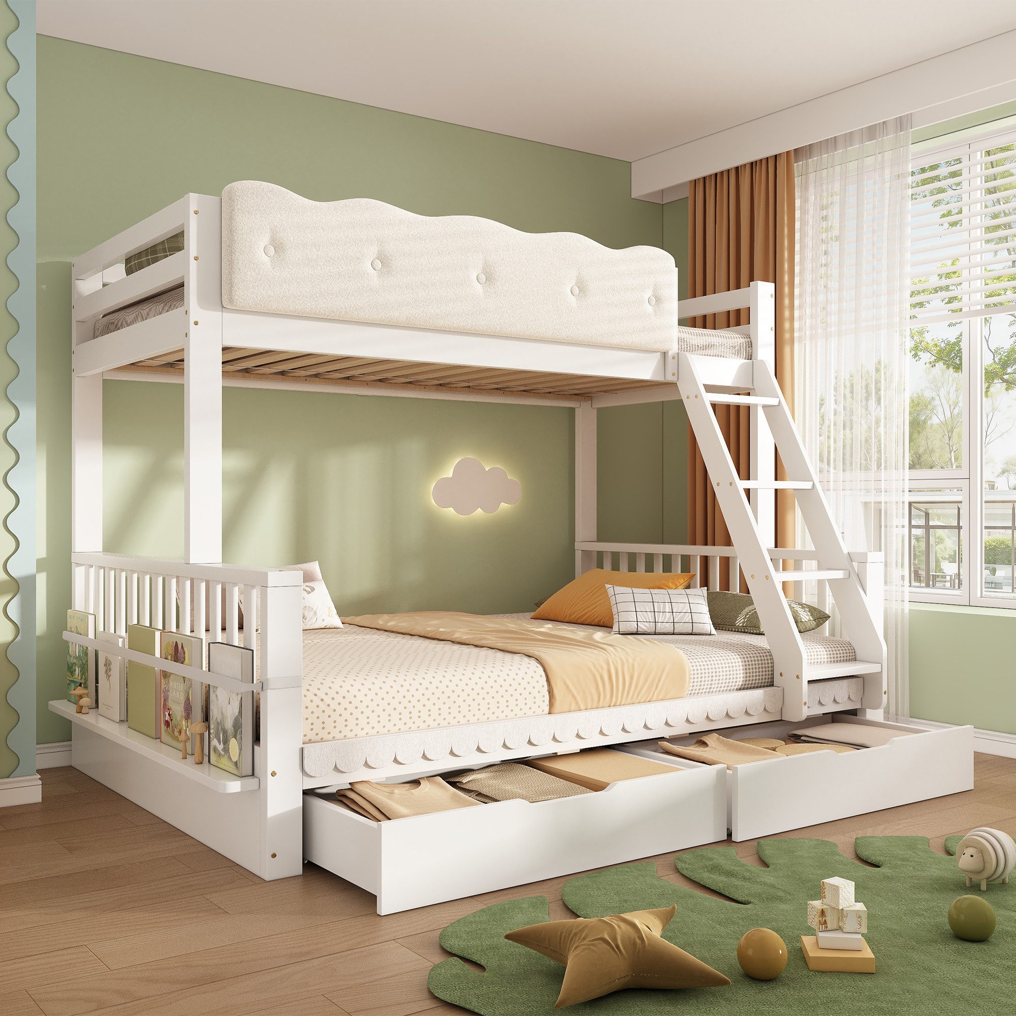 Flieks Etagenbett Kinderbett 90x200+140x200cm, mit Wolken-Geländer, Schubladen und Zeitschriftenständer