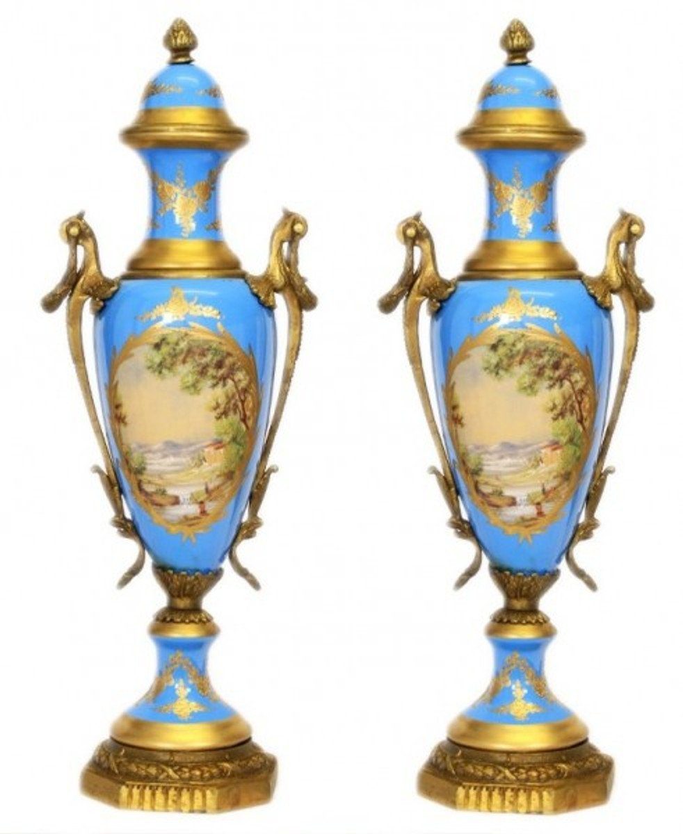 Casa Padrino Dekoobjekt Barock Porzellan Pokal Set Hellblau / Gold B20 H58 cm (2 Stück) - Grand Decor - Hotel Dekoration
