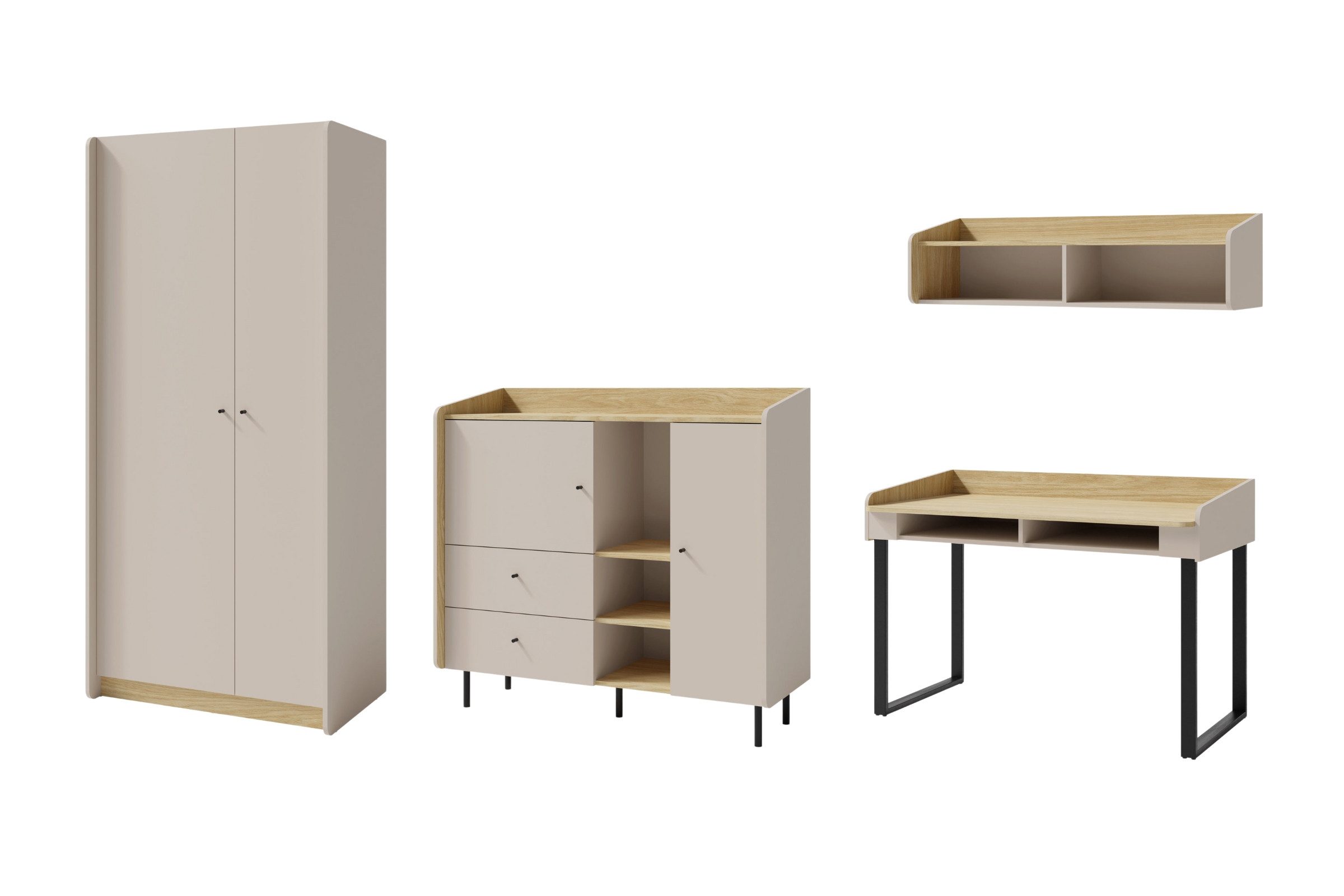 Deine Möbel 24 Jugendzimmer-Set ALBI B (3+10+11+8) Kinderzimmer-Set Kindermöbel, (Set, 4-tlg., Kleiderschrank, Schreibtisch, Hängeregal, Kommode Sideboard), ALBI Kollektion Sandbeige Eiche Eukalyptus