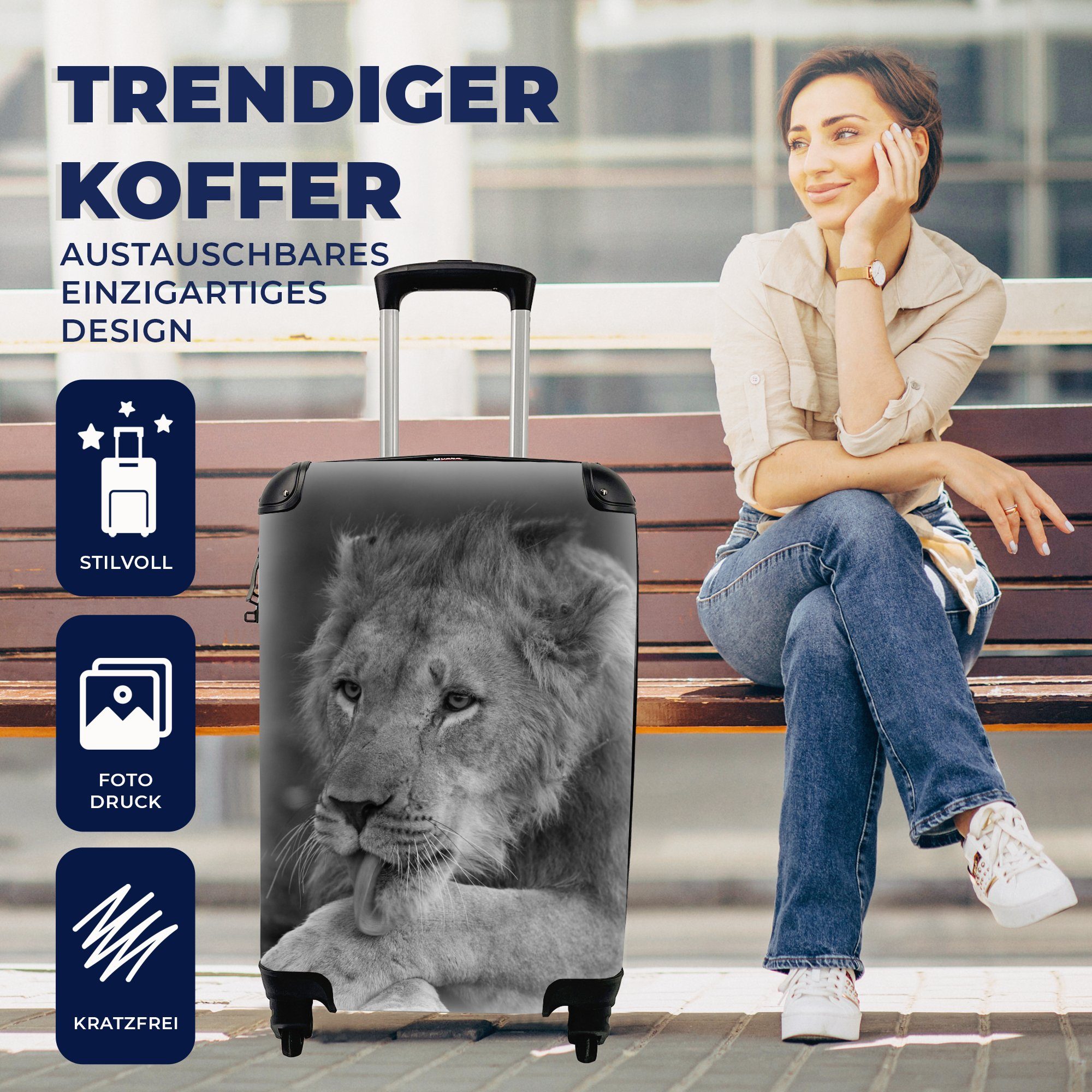 Handgepäckkoffer Handgepäck MuchoWow mit Reisetasche Schwarz, Ferien, Löwe Wild Rollen, für Reisekoffer rollen, Trolley, - 4 -