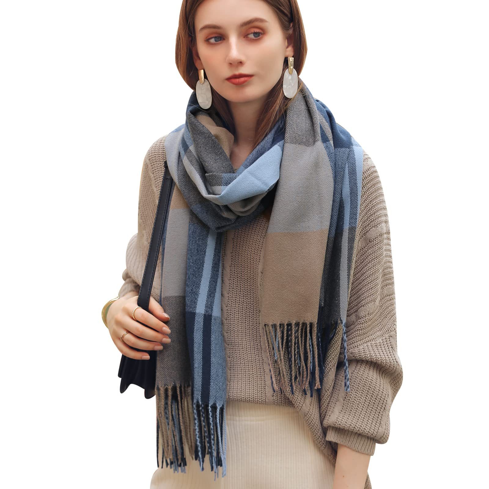 Cachito Modeschal Damen Kariert Oversized Schal mit Fransen, Winterschal Weich Wraps, Karo Fransen Schals Warm für Herbst Winter, Mischfarbe