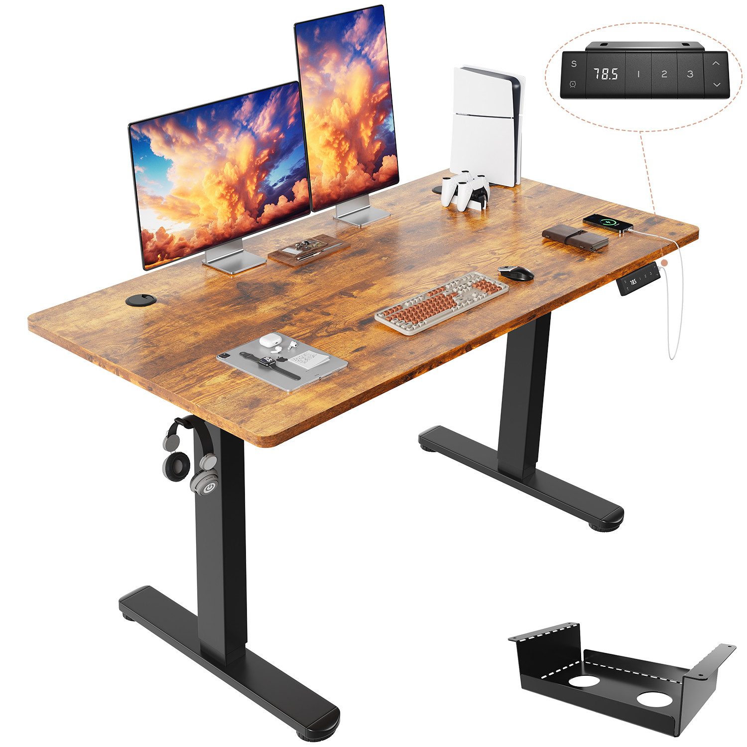 HOMALL Schreibtisch Höhenverstellbarer Schreibtisch mit 3 Höhen-Speicherfunktionen (Mehrere Größen: 120/140/160/180/200 cm, mit 1 USB-Ladeanschluss, Tischplatte mit einer Tiefe von 80 cm Der Tisch besteht aus vier Tischplatten)