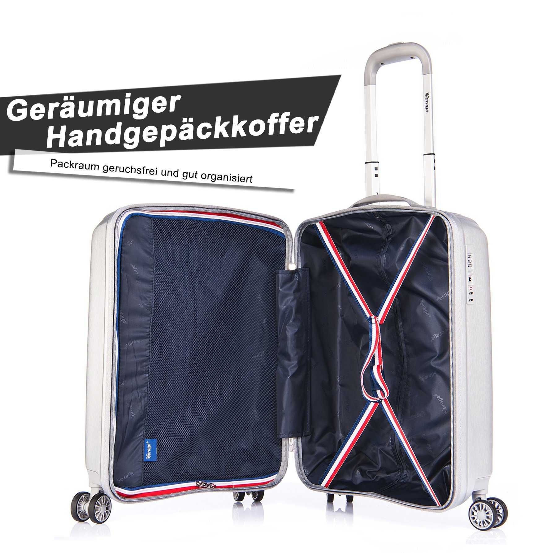 mit Doppelrollen, Superleicht Hartschalen-Trolley V-LITE, Verage 4 Silber mit Rollen, Hartschale, TSA-Zahlenschloss,