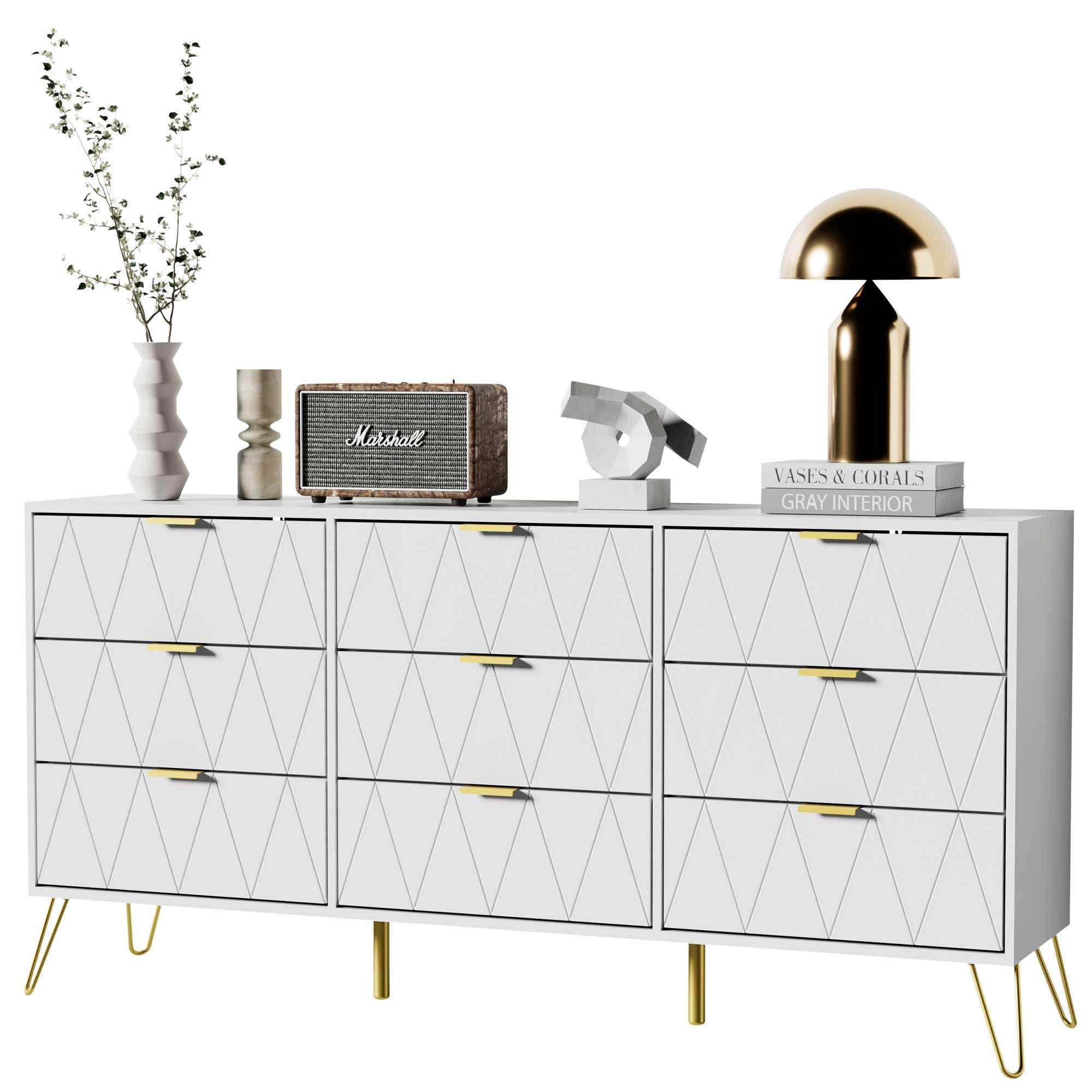 UEV Kommode mit 9 Schublanden, Sideboard groß, TV Board (2 Packung, Schubladenschrank für Wohnzimmer Schlafzimmer,Flur), 150x34x74cm Aufbewahrungsschrank Schmal kommode Buffet modern