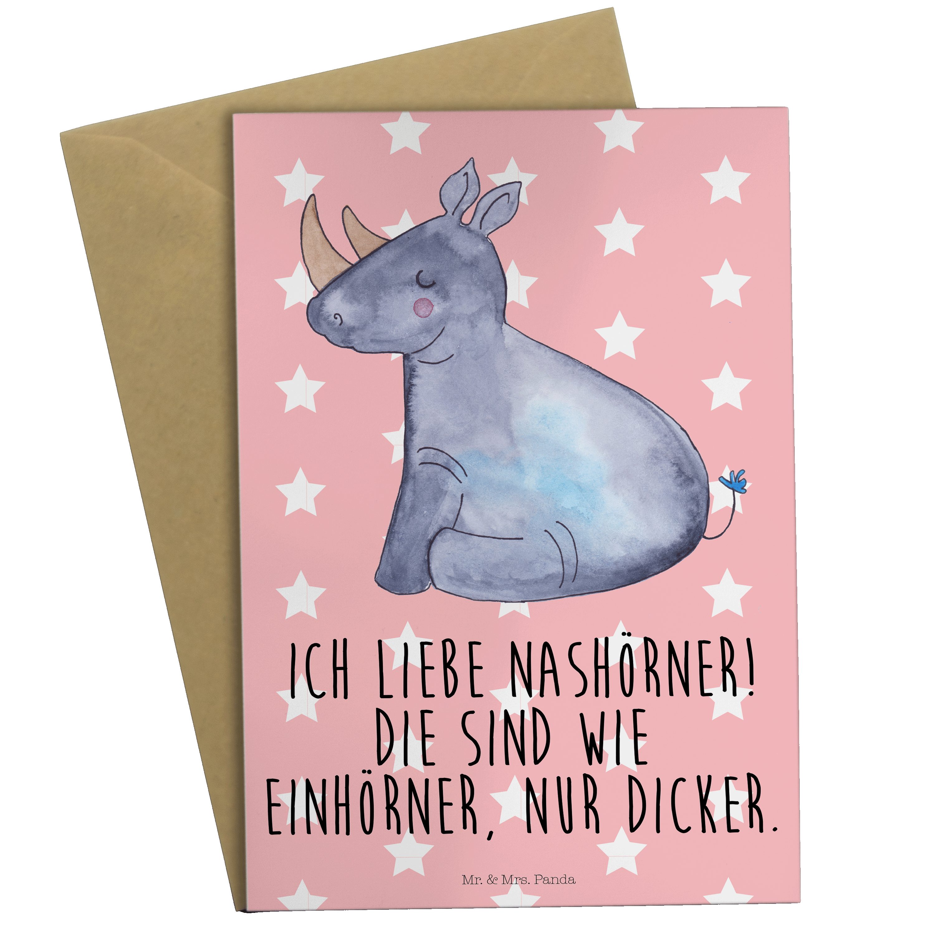 Mr. & Mrs. Panda Grußkarte Einhorn Nashorn - Rot Pastell - Geschenk, Nashörner, Regenbogen, Klap