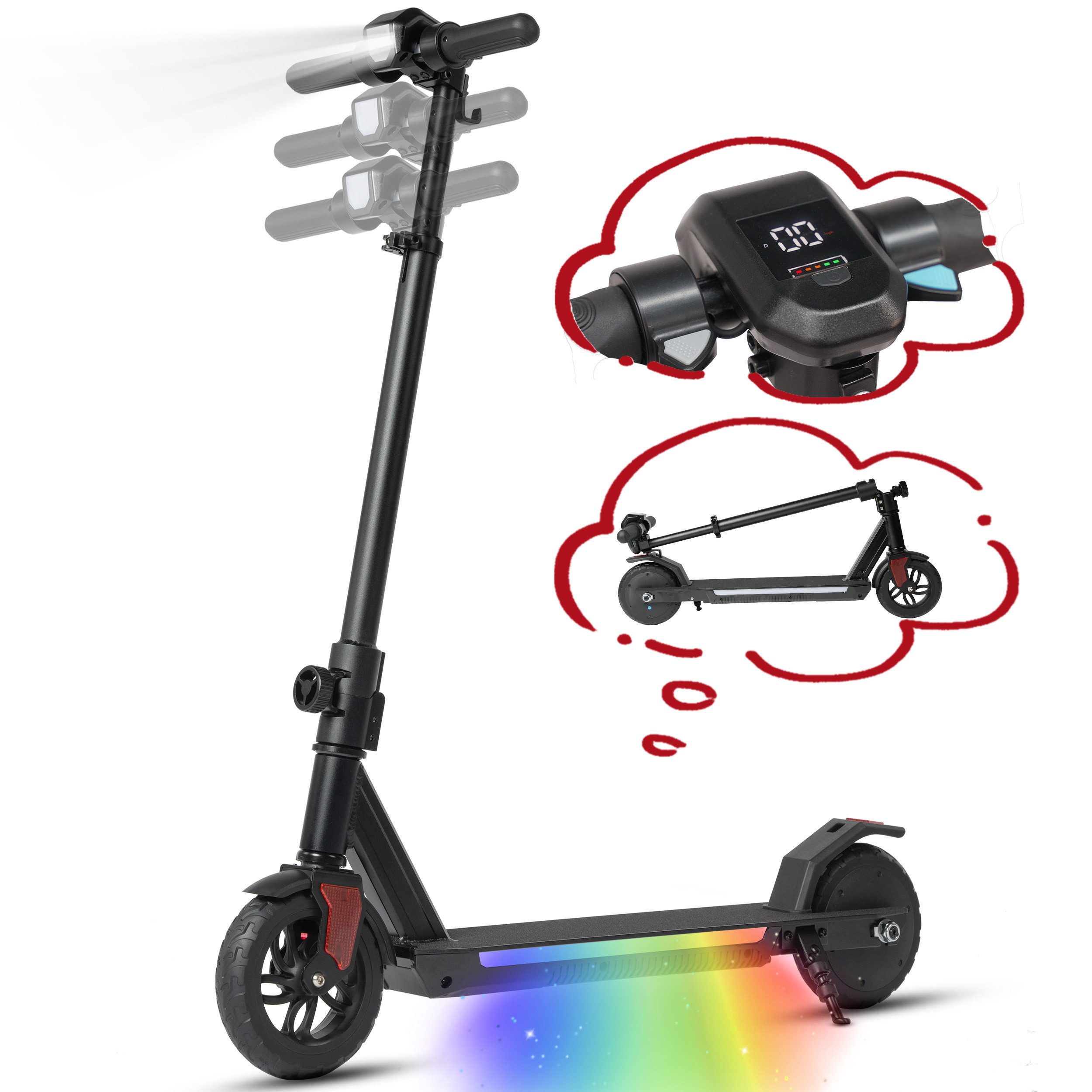 Vankel Elektro-Kinderroller ab 10 Jahren, klappbar, EBS+Fußbremse, farbiger Beleuchtung, mit Haken, 14km/h, E-Scooter für Kinder, 10-15km, höhenverstellbar