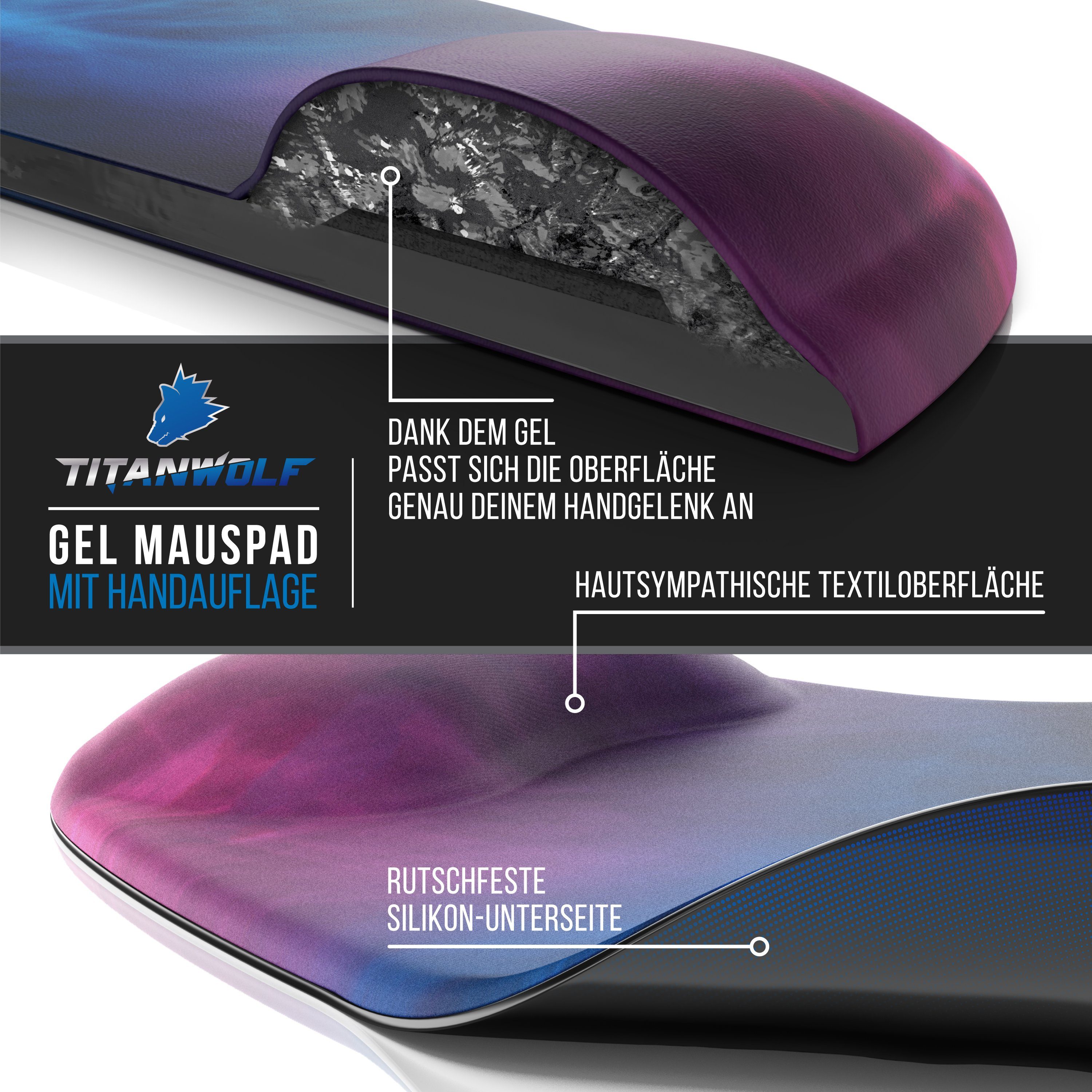 Titanwolf Gaming Mauspad Office Gel Mousepad mit ergonomischer Handgelenkauflage, Handballenauflage, Gelpolster ergonomisch, abwaschbar, Farbiger Rauch