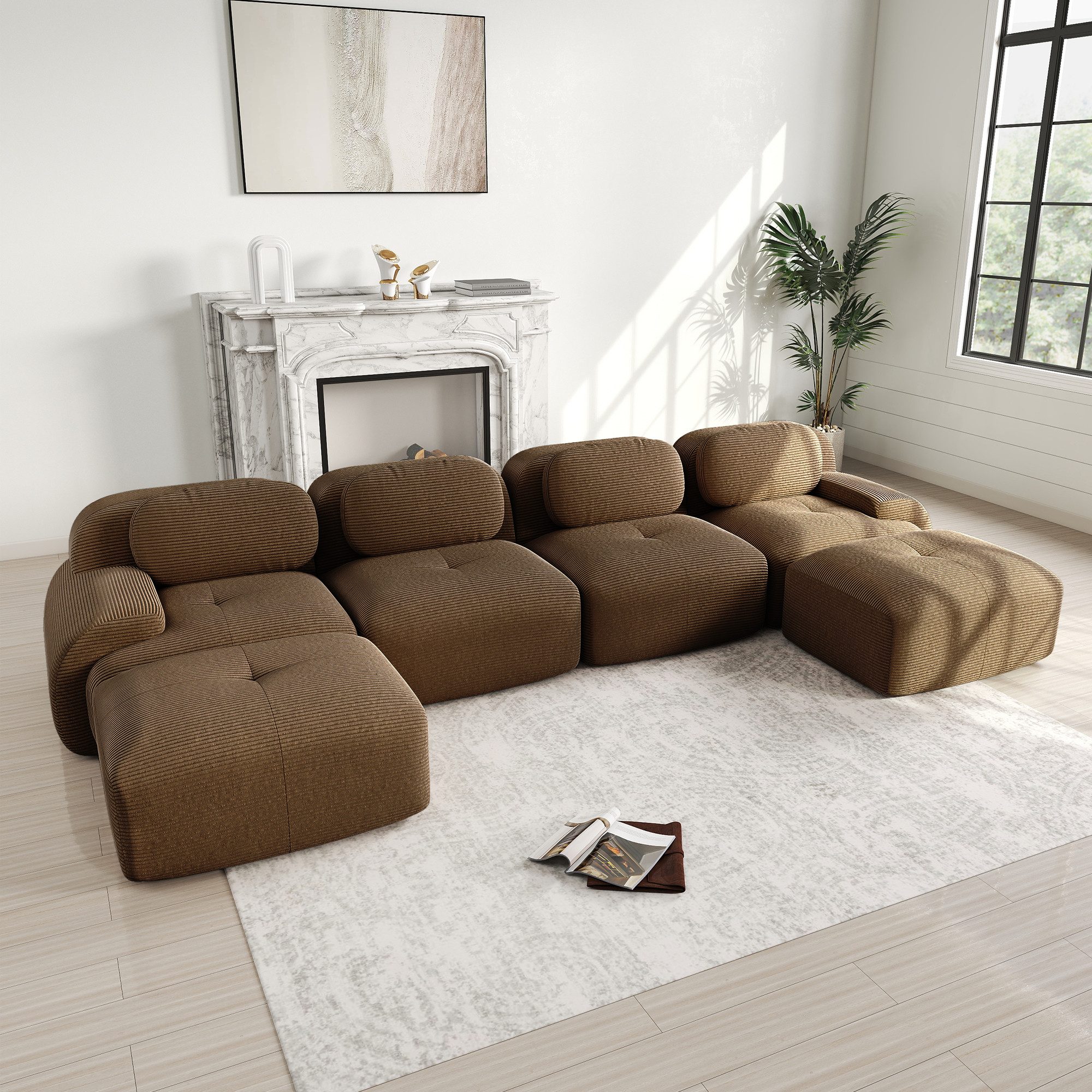 Leawin Sofa Modulares U-Sofa ohne Montage aus Cordstoff – sofas wohnzimmer, Ergonomisches 4-Sitzer Sofa mit 32D Polsterung & breiten Armlehnen