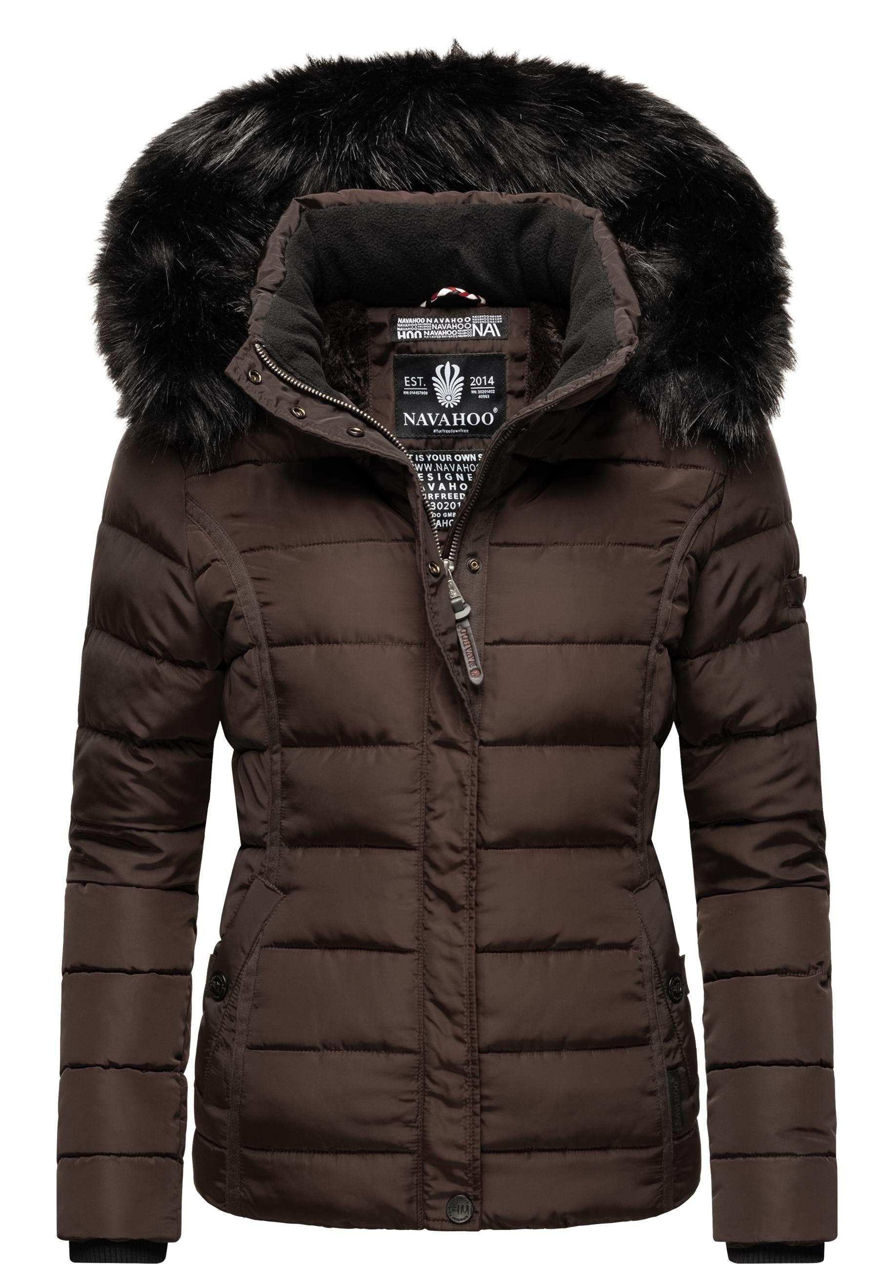 Navahoo Steppjacke Miamor hochwertige Winterjacke m. voluminöser Kunstpelz-Kapuze dunkelbraun