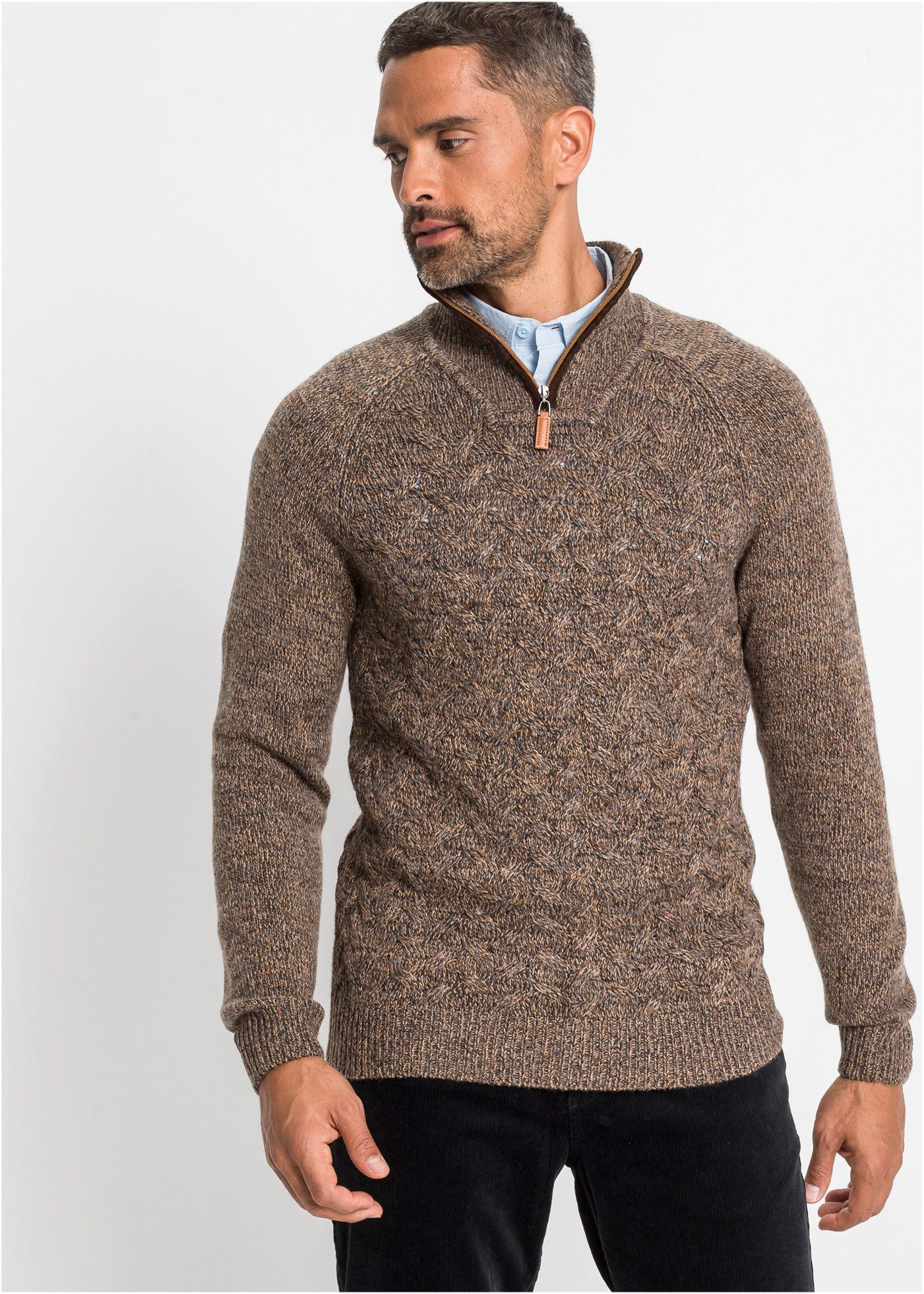 bonprix Strickpullover mit Zopfmuster in melierter Optik