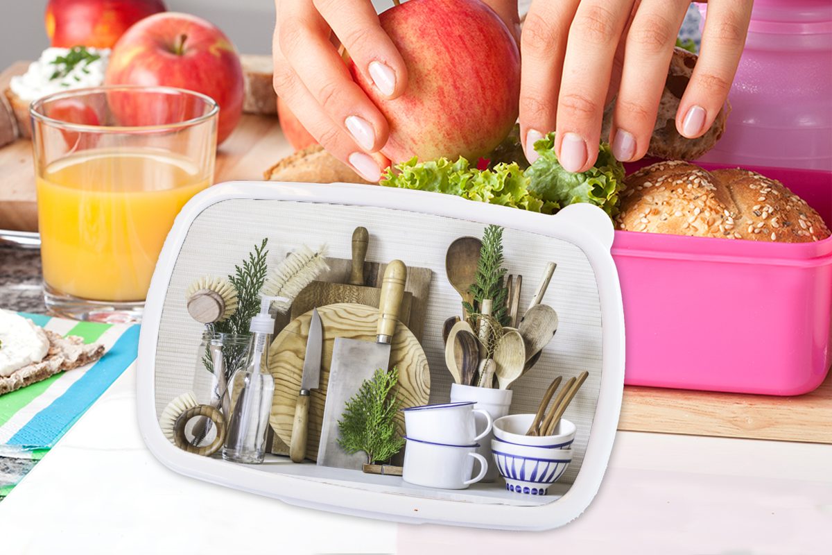 MuchoWow Lunchbox Küche Snackbox, (2-tlg), - Kochgeschirr Kunststoff, Kunststoff rosa Erwachsene, Brotbox - für Mädchen, Brotdose Kinder, Besteck